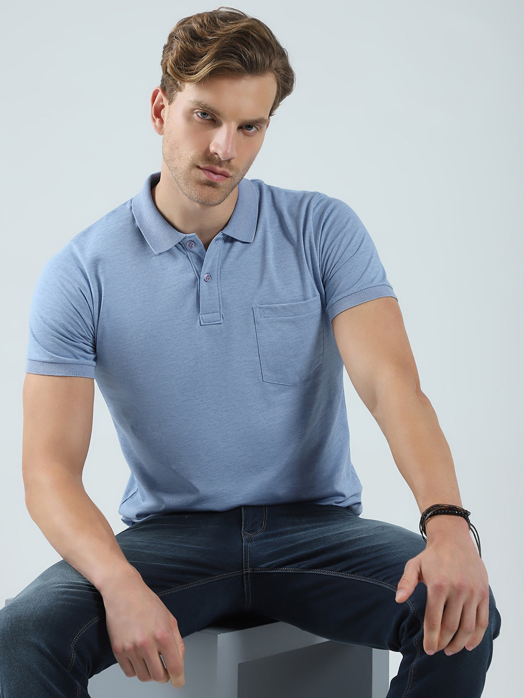 Men Blue Solid Collar Half Sleeve T-Shirt