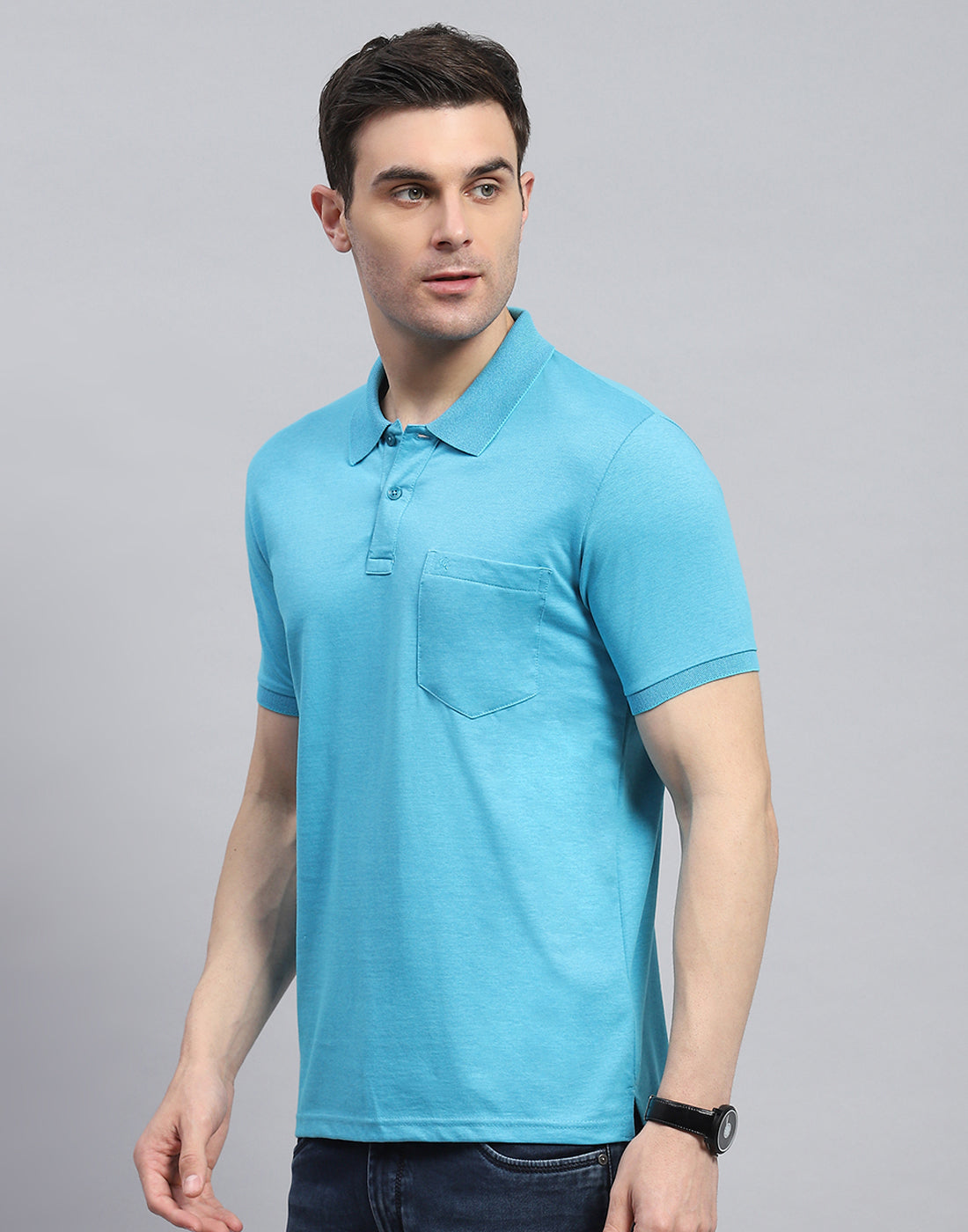 Men Blue Solid Collar Half Sleeve T-Shirt
