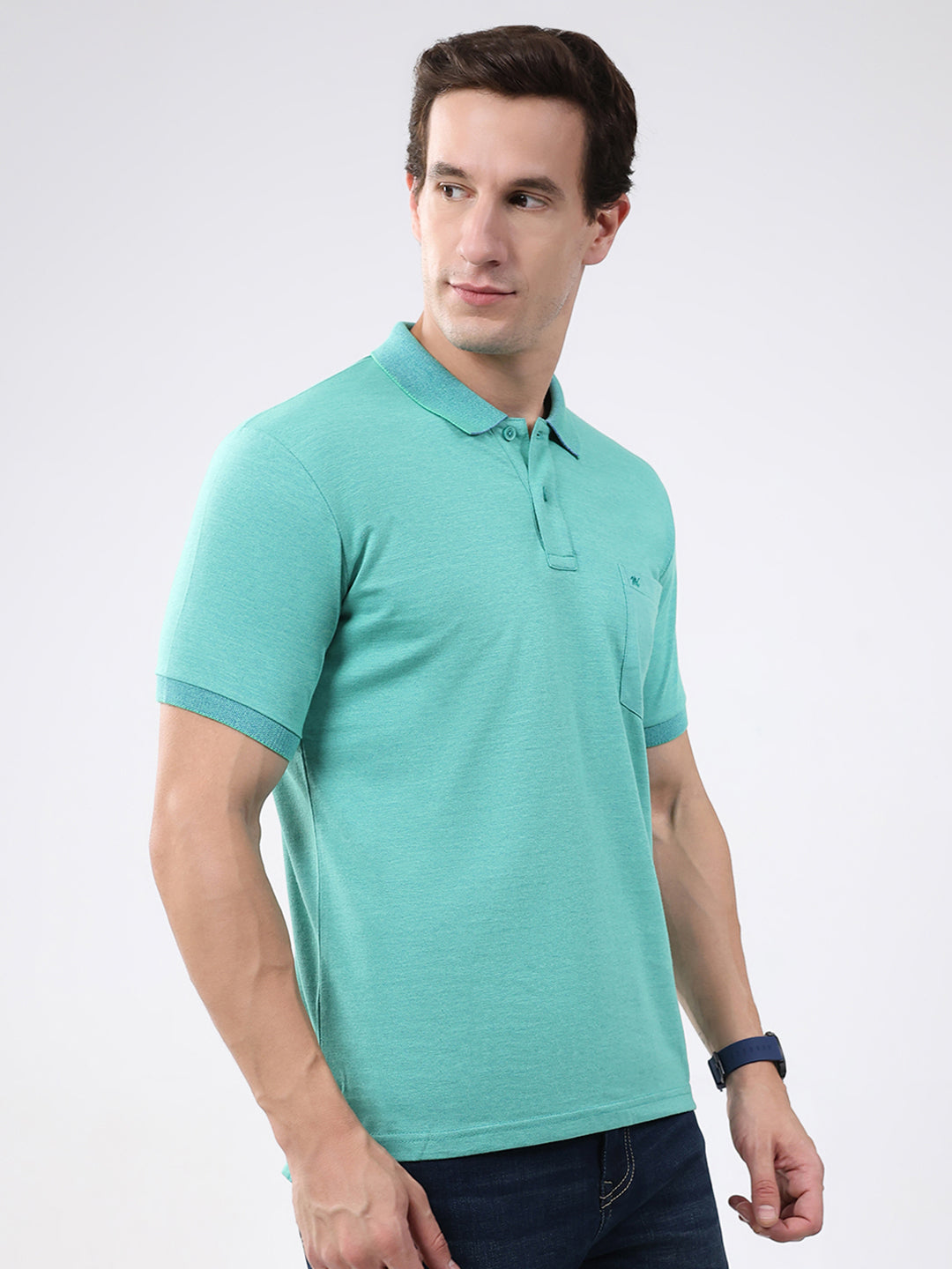 Men Green Solid Collar Half Sleeve T-Shirt