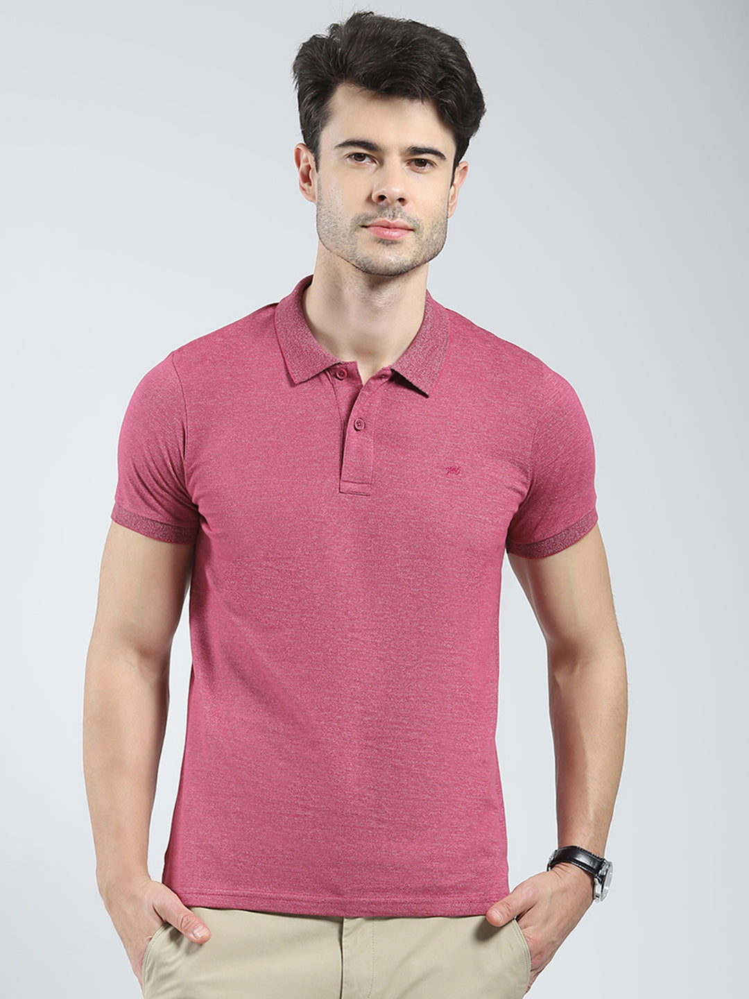 Men Pink Solid Collar Half Sleeve T-Shirt