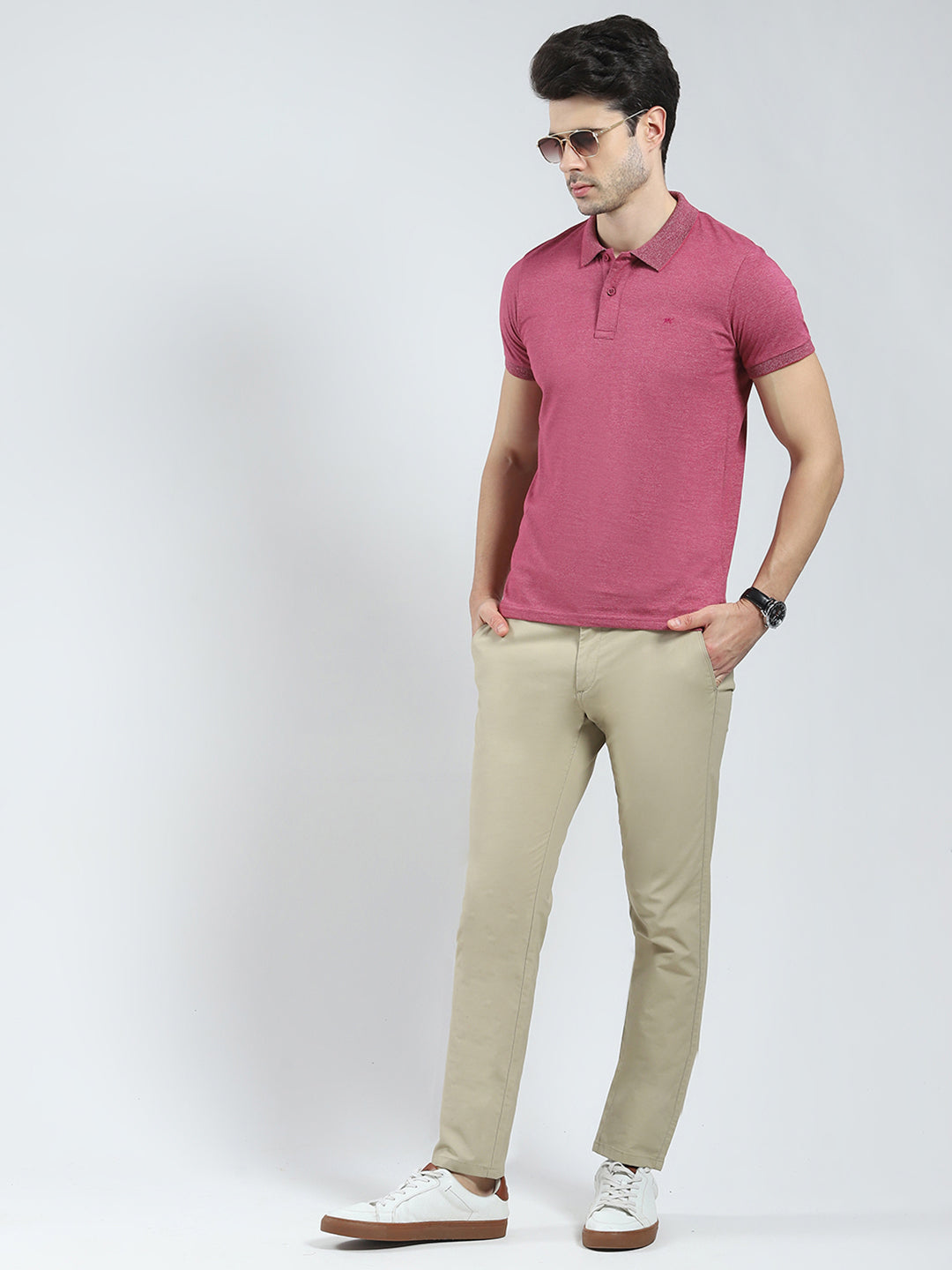 Men Pink Solid Collar Half Sleeve T-Shirt
