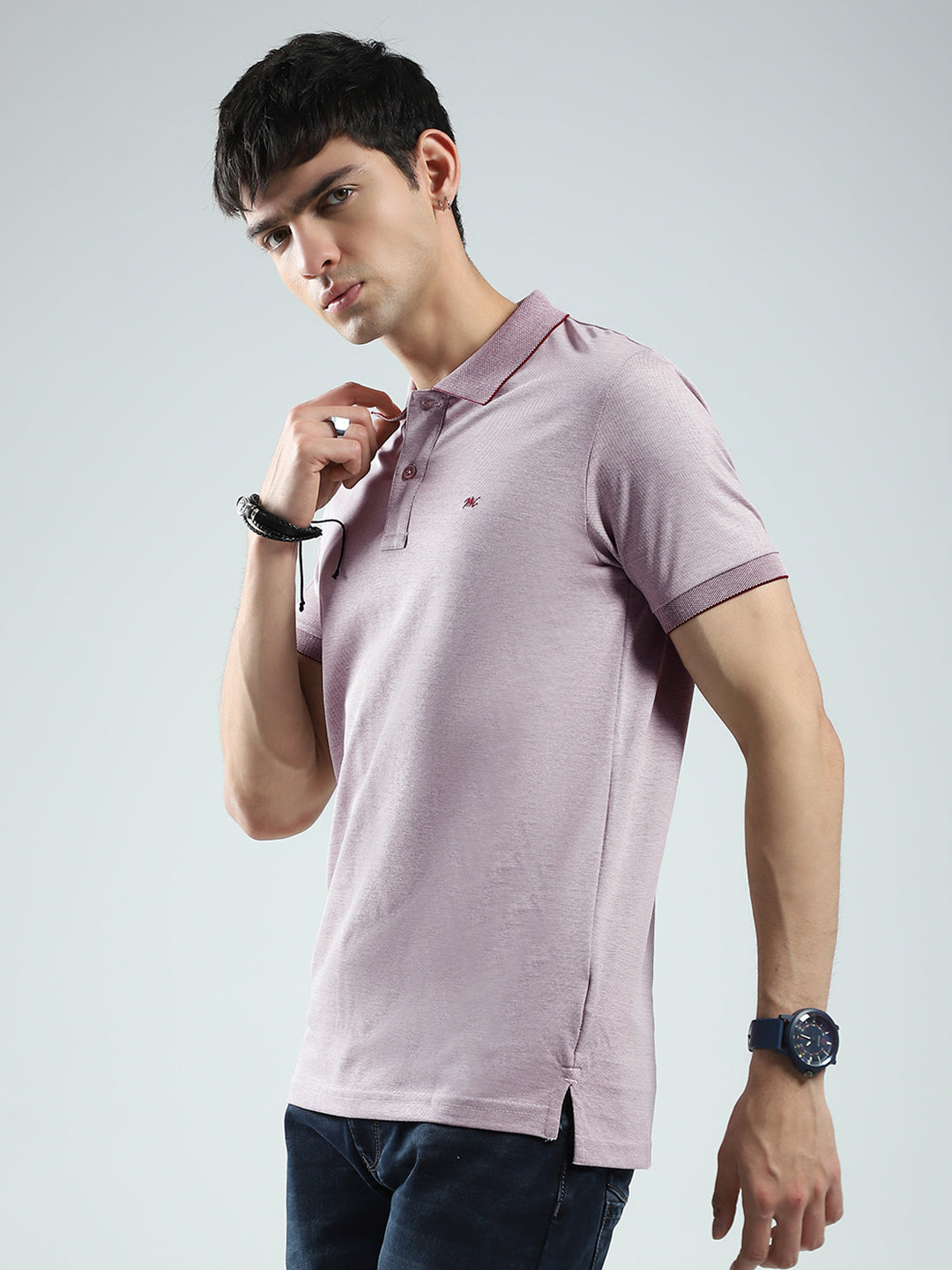 Men Pink Solid Collar Half Sleeve T-Shirt