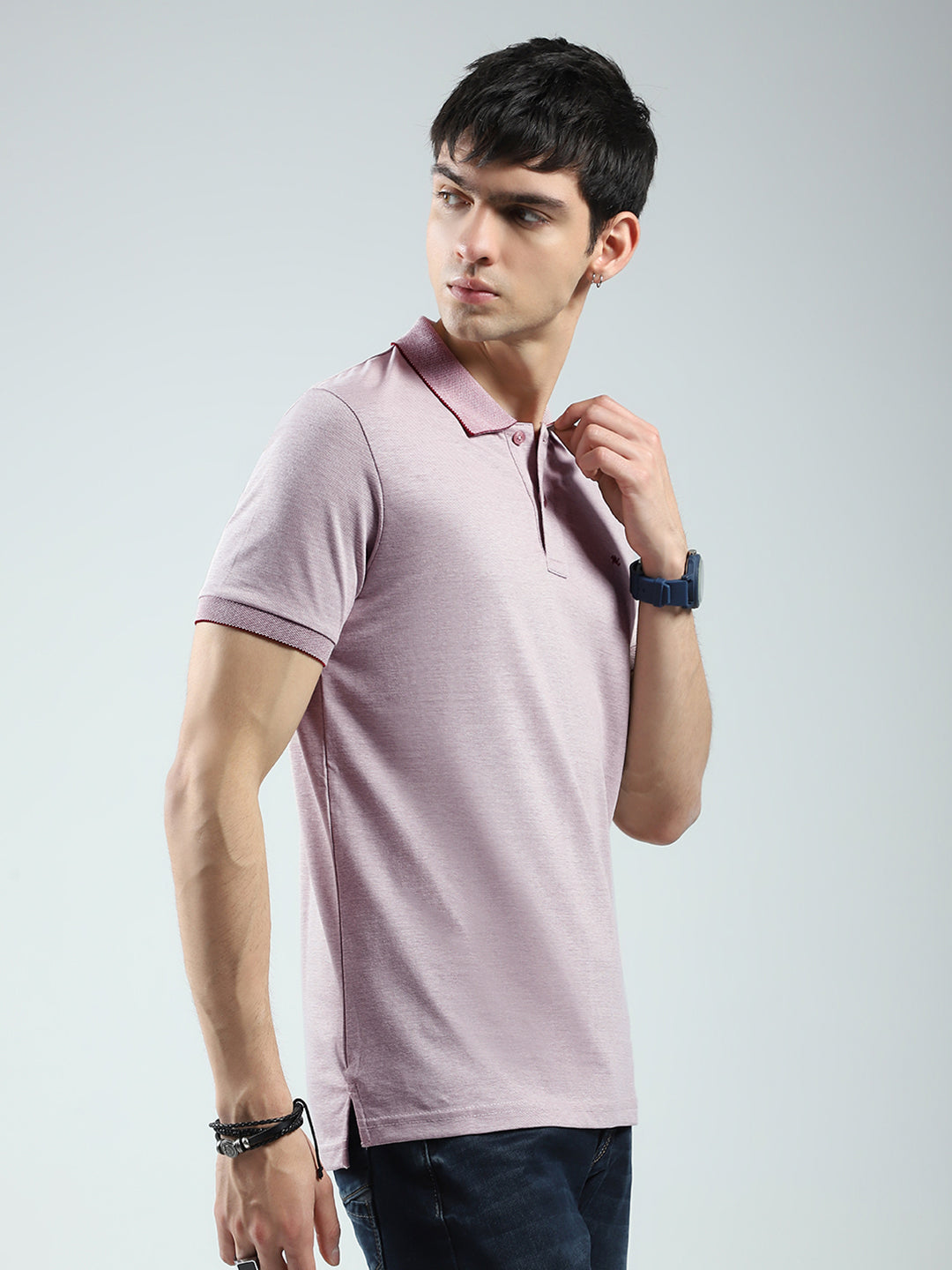 Men Pink Solid Collar Half Sleeve T-Shirt