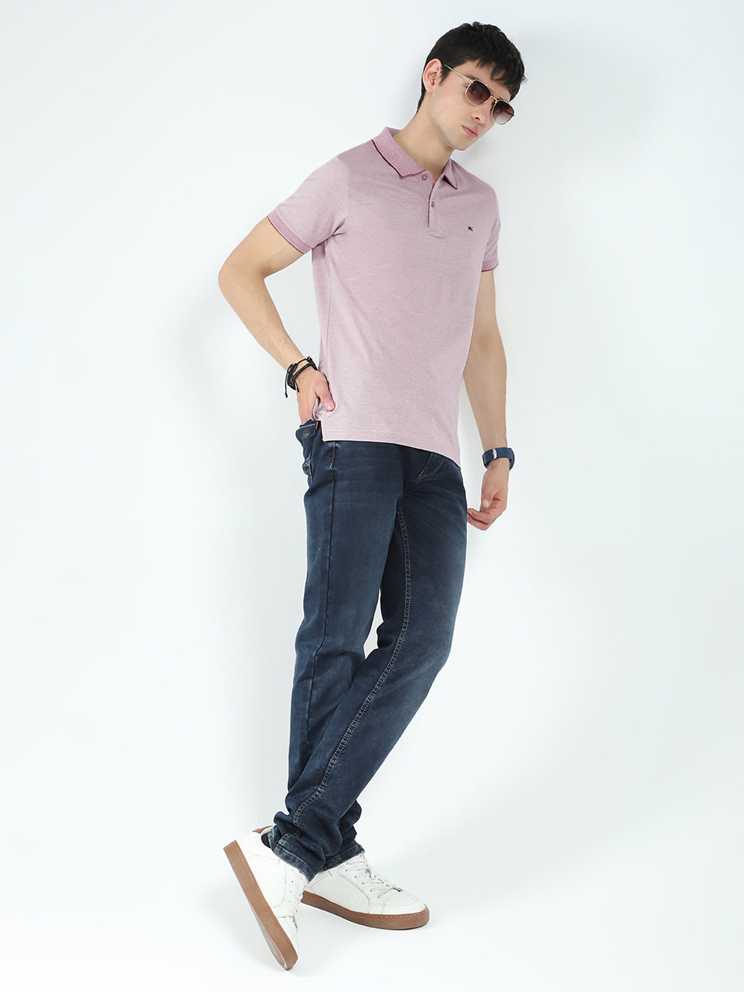 Men Pink Solid Collar Half Sleeve T-Shirt