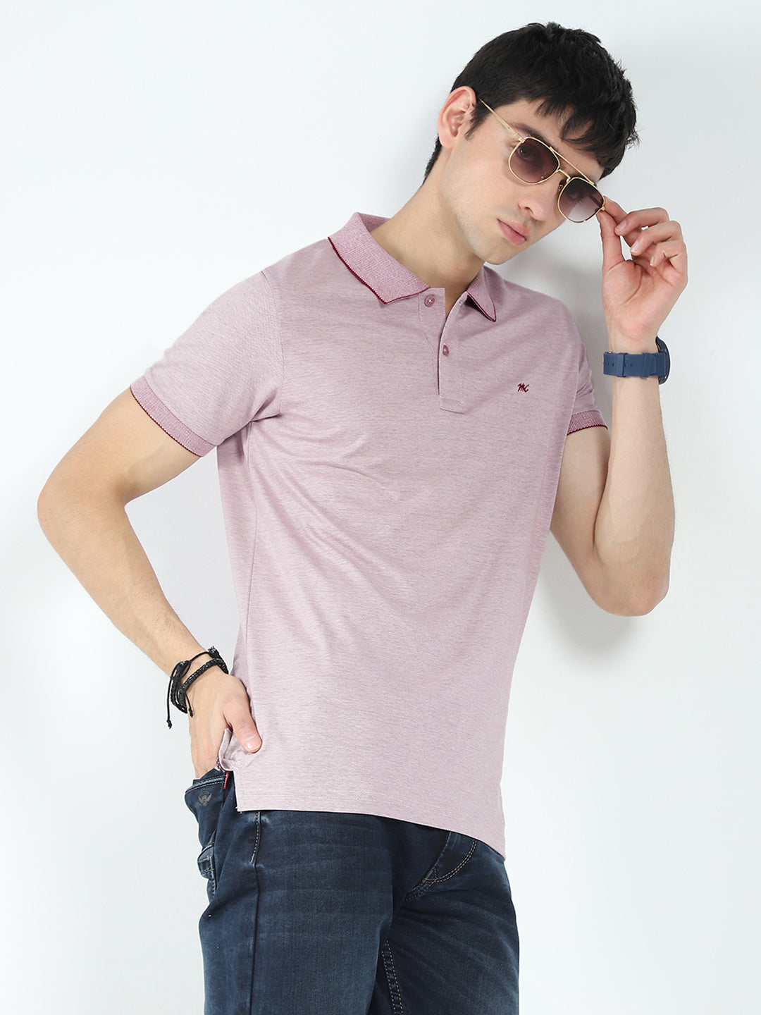 Men Pink Solid Collar Half Sleeve T-Shirt