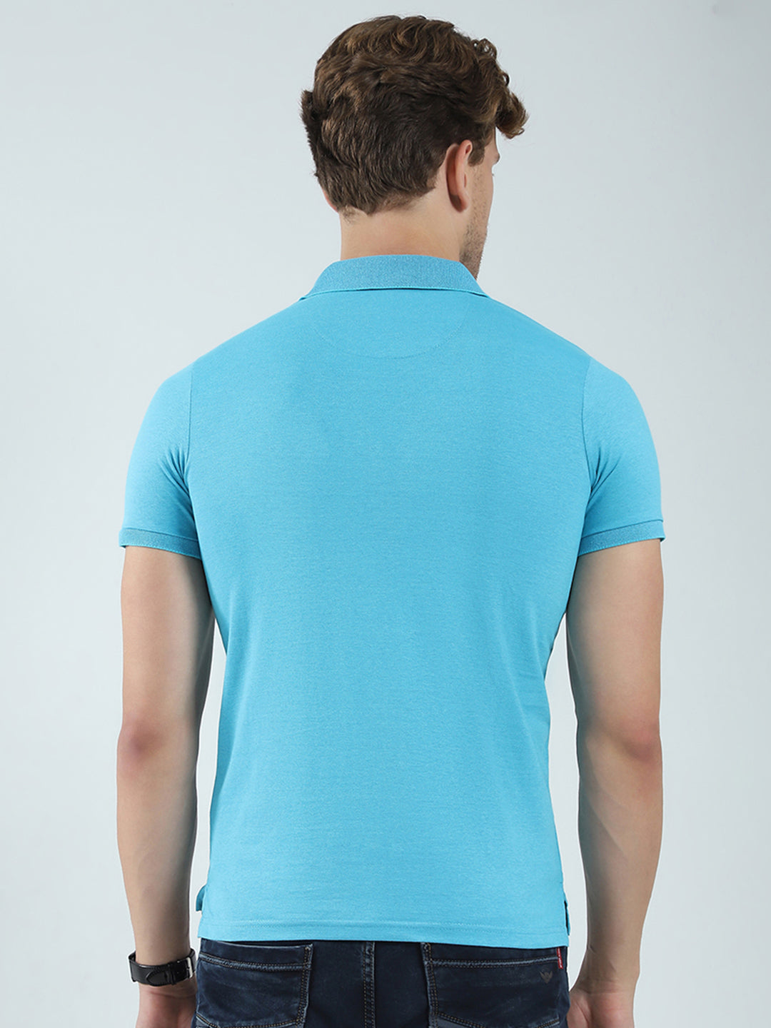 Men Blue Solid Collar Half Sleeve T-Shirt