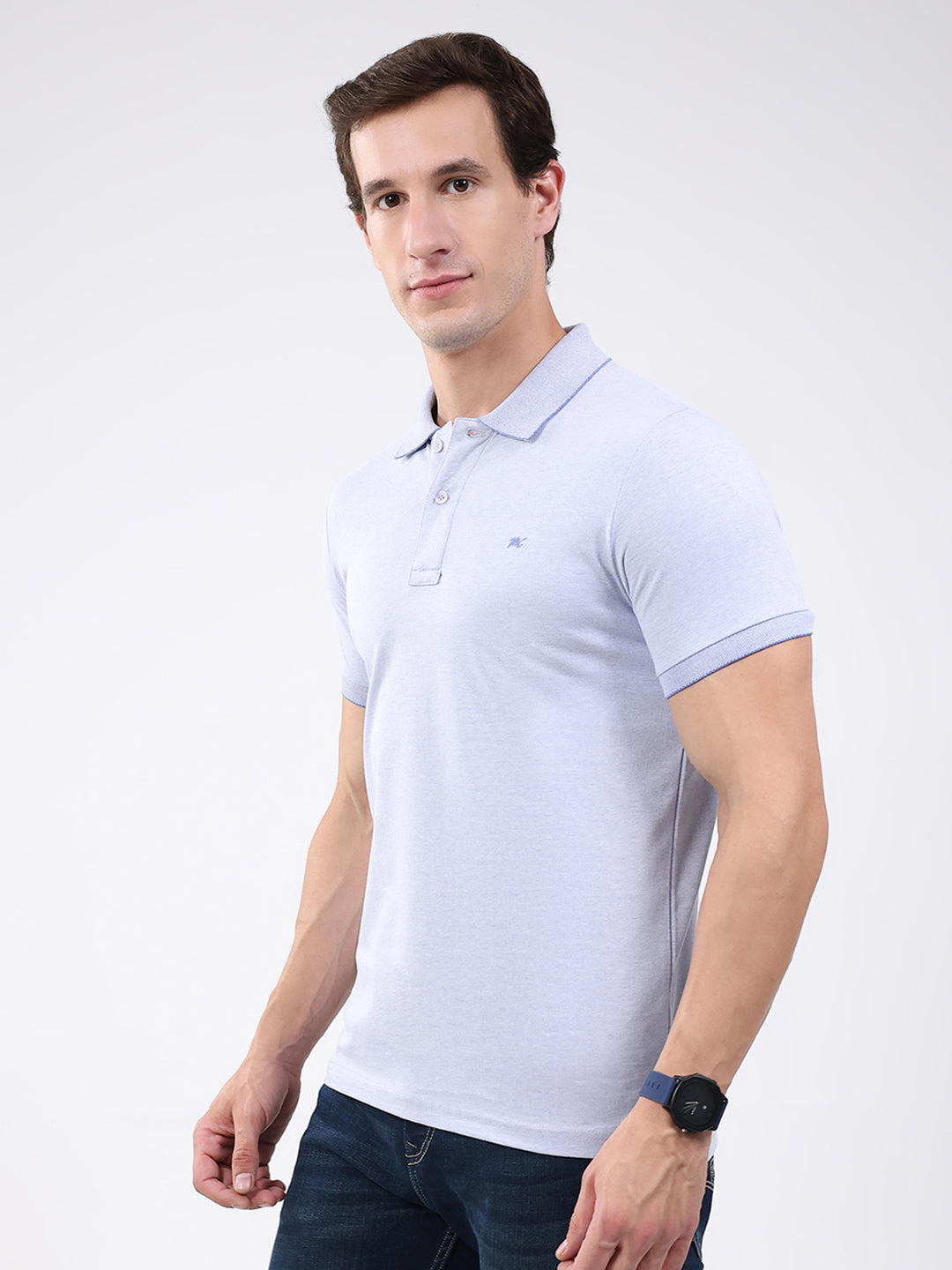 Men Sky Blue Solid Collar Half Sleeve T-Shirt