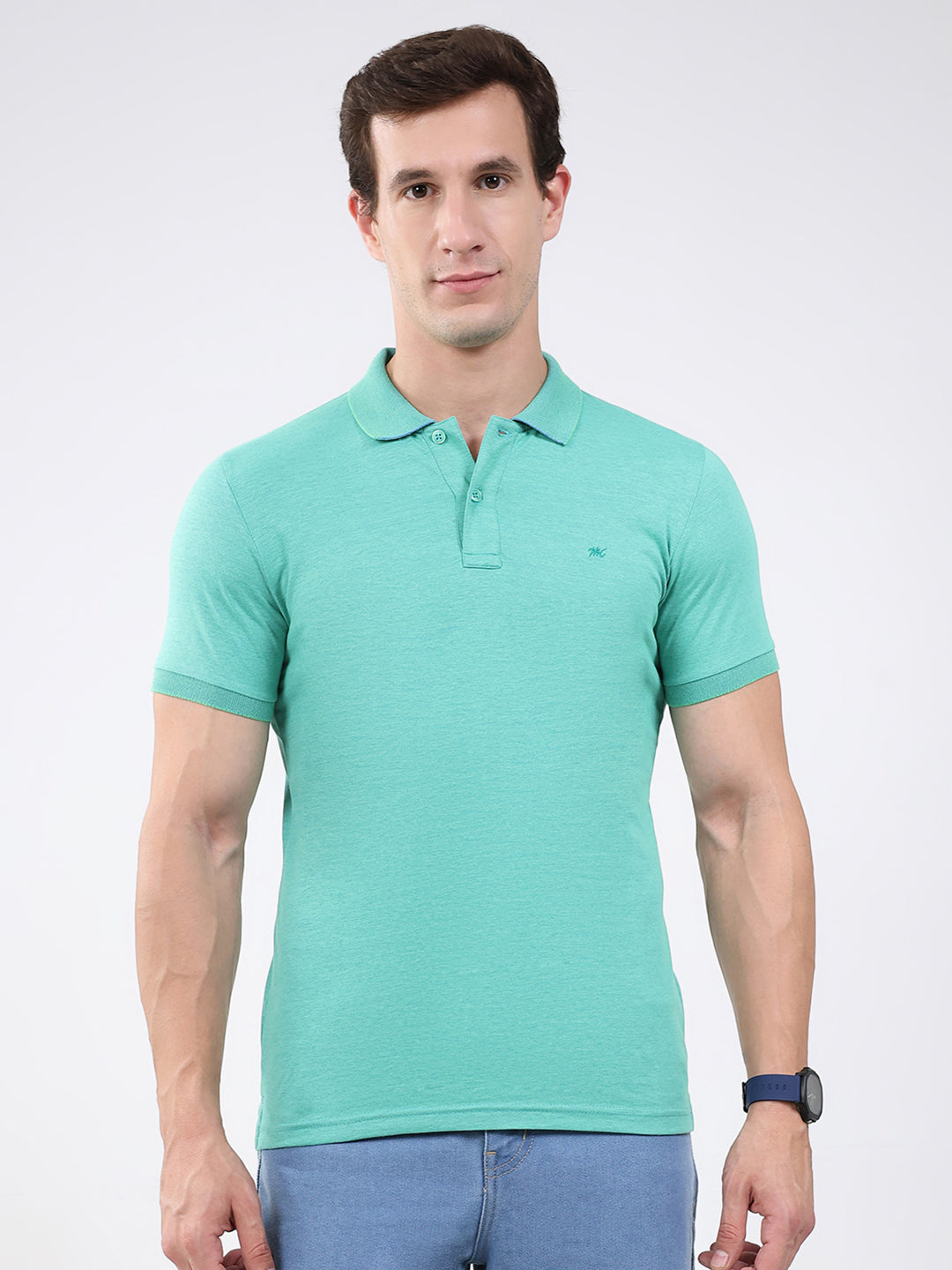 Men Green Solid Collar Half Sleeve T-Shirt