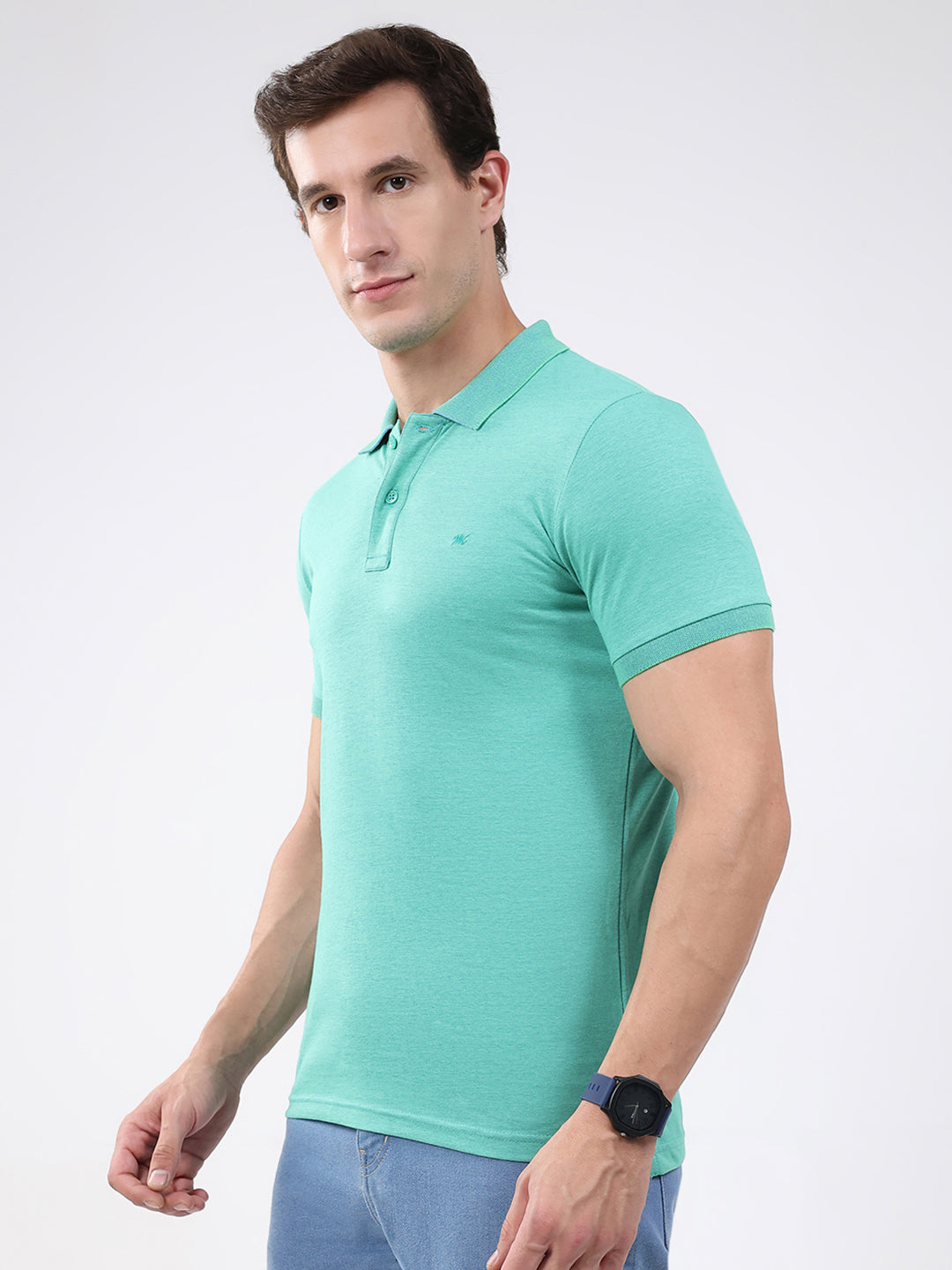 Men Green Solid Collar Half Sleeve T-Shirt