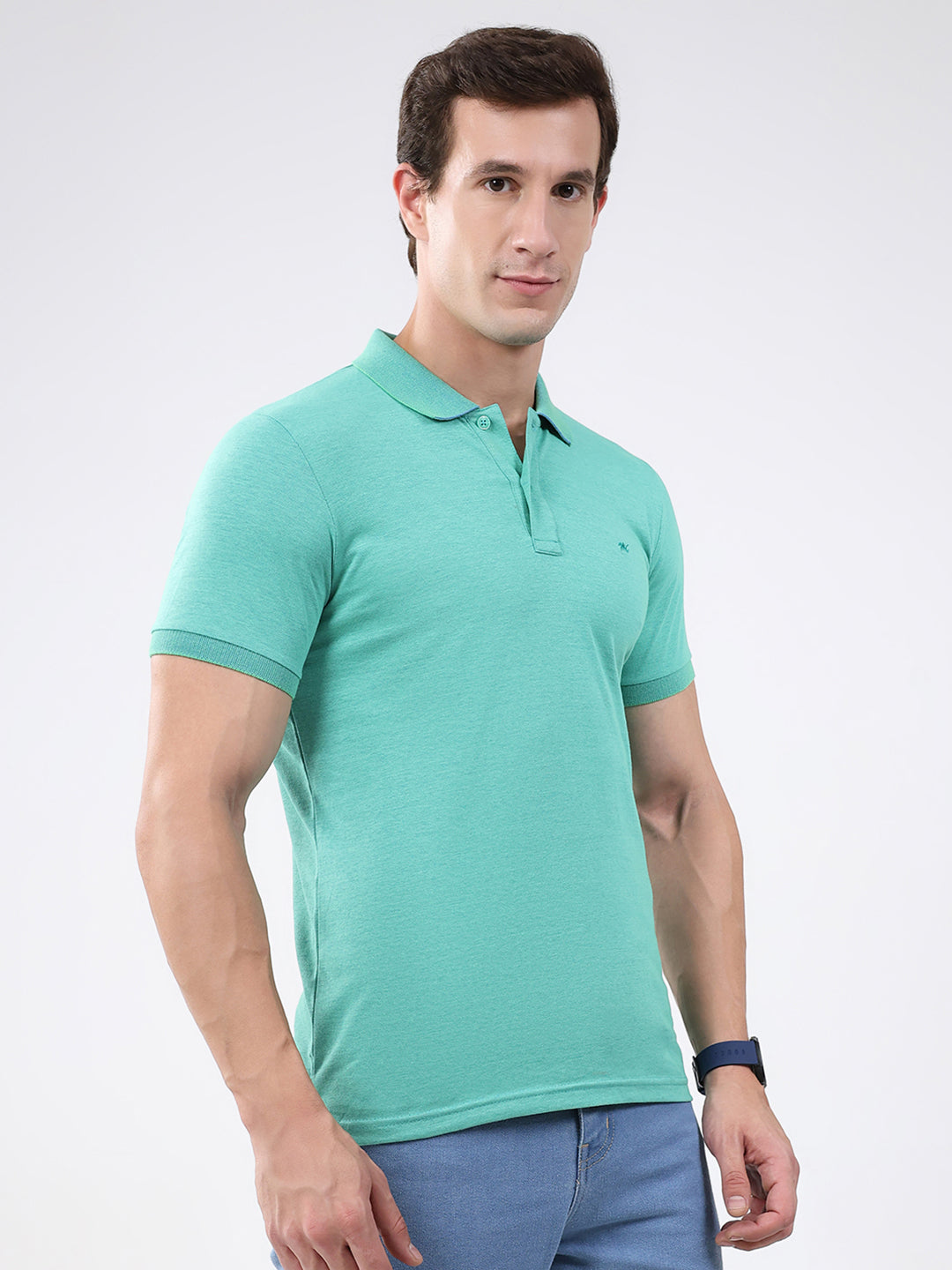 Men Green Solid Collar Half Sleeve T-Shirt