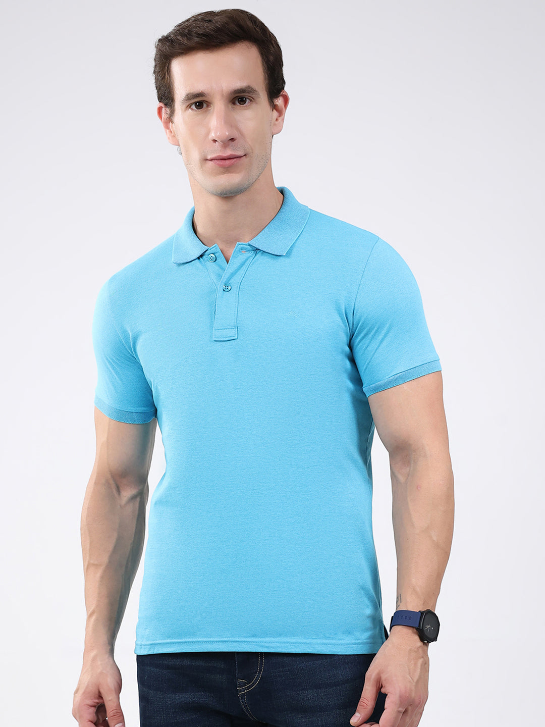 Men Blue Solid Collar Half Sleeve T-Shirt