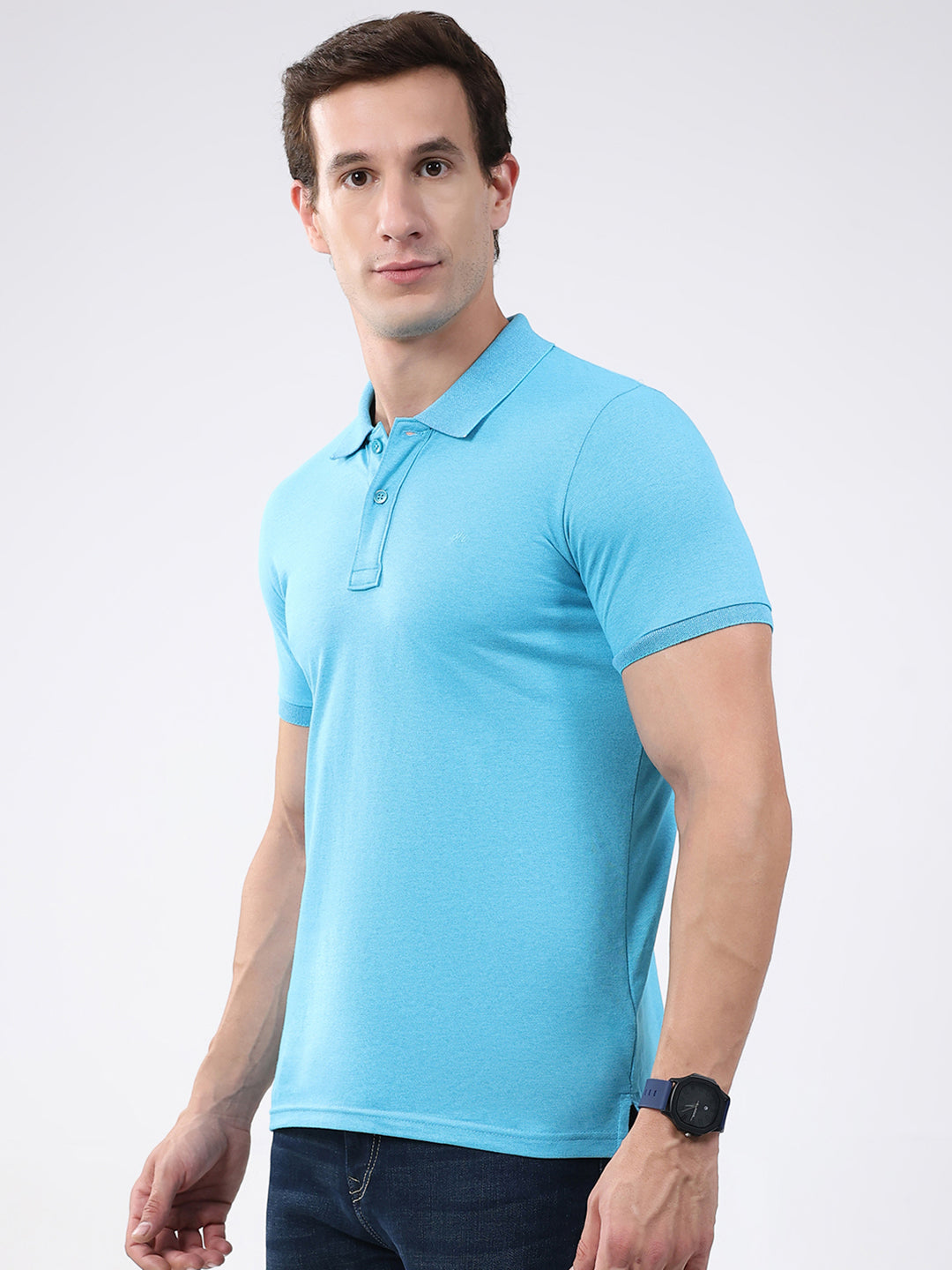 Men Blue Solid Collar Half Sleeve T-Shirt