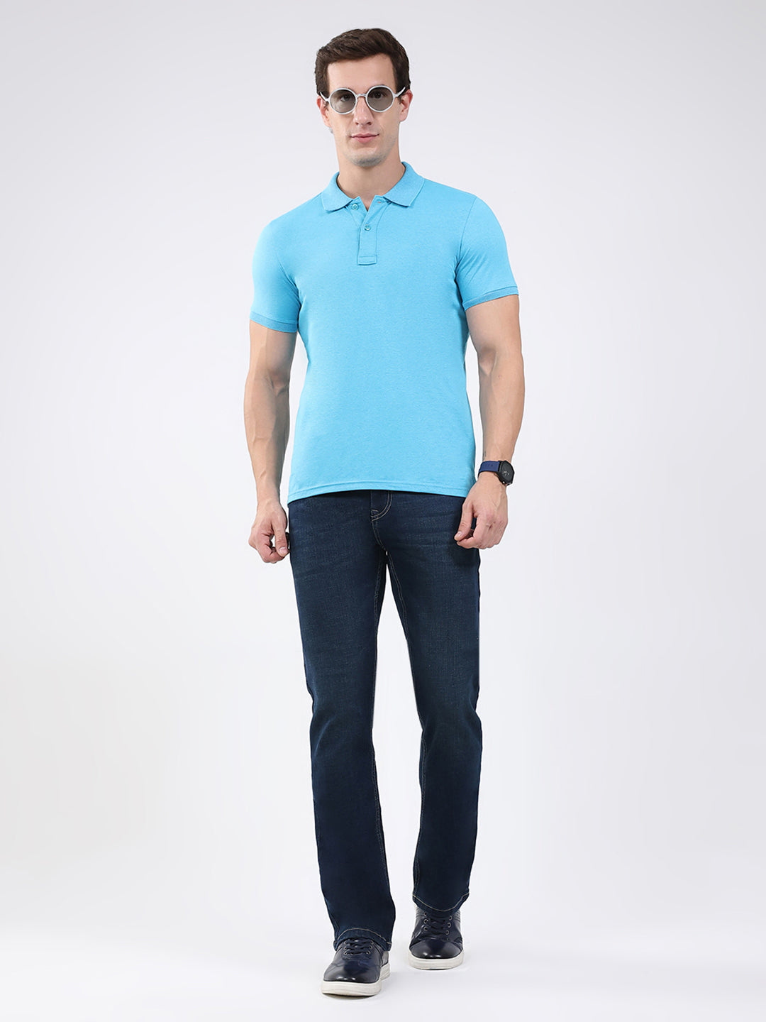 Men Blue Solid Collar Half Sleeve T-Shirt