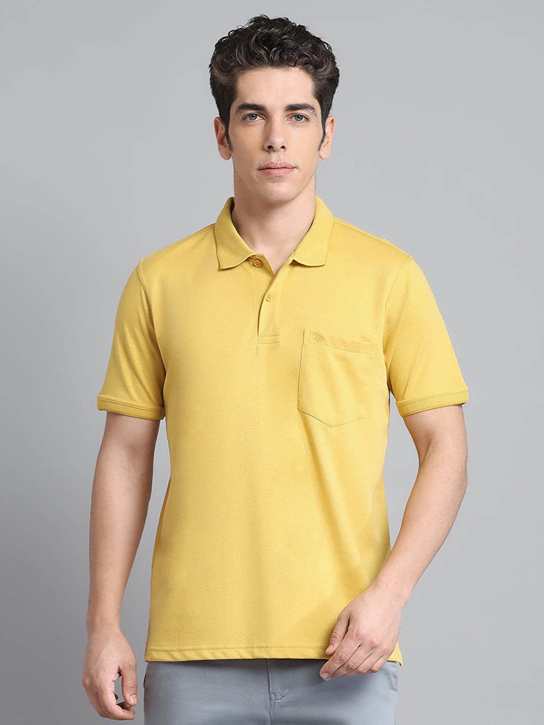 Men Mustard Solid Collar Half Sleeve T-Shirt