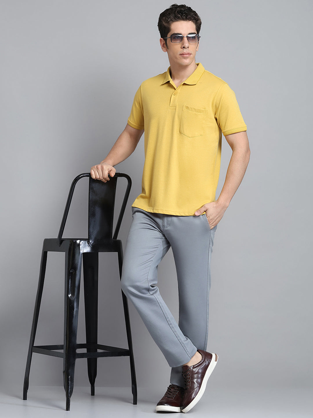 Men Mustard Solid Collar Half Sleeve T-Shirt