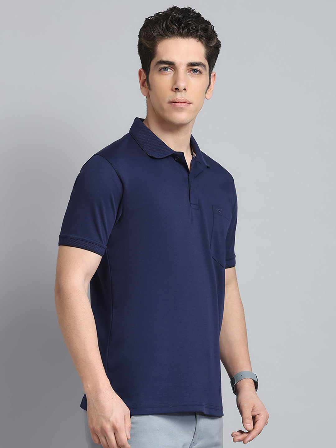 Men Navy Blue Solid Collar Half Sleeve T-Shirt