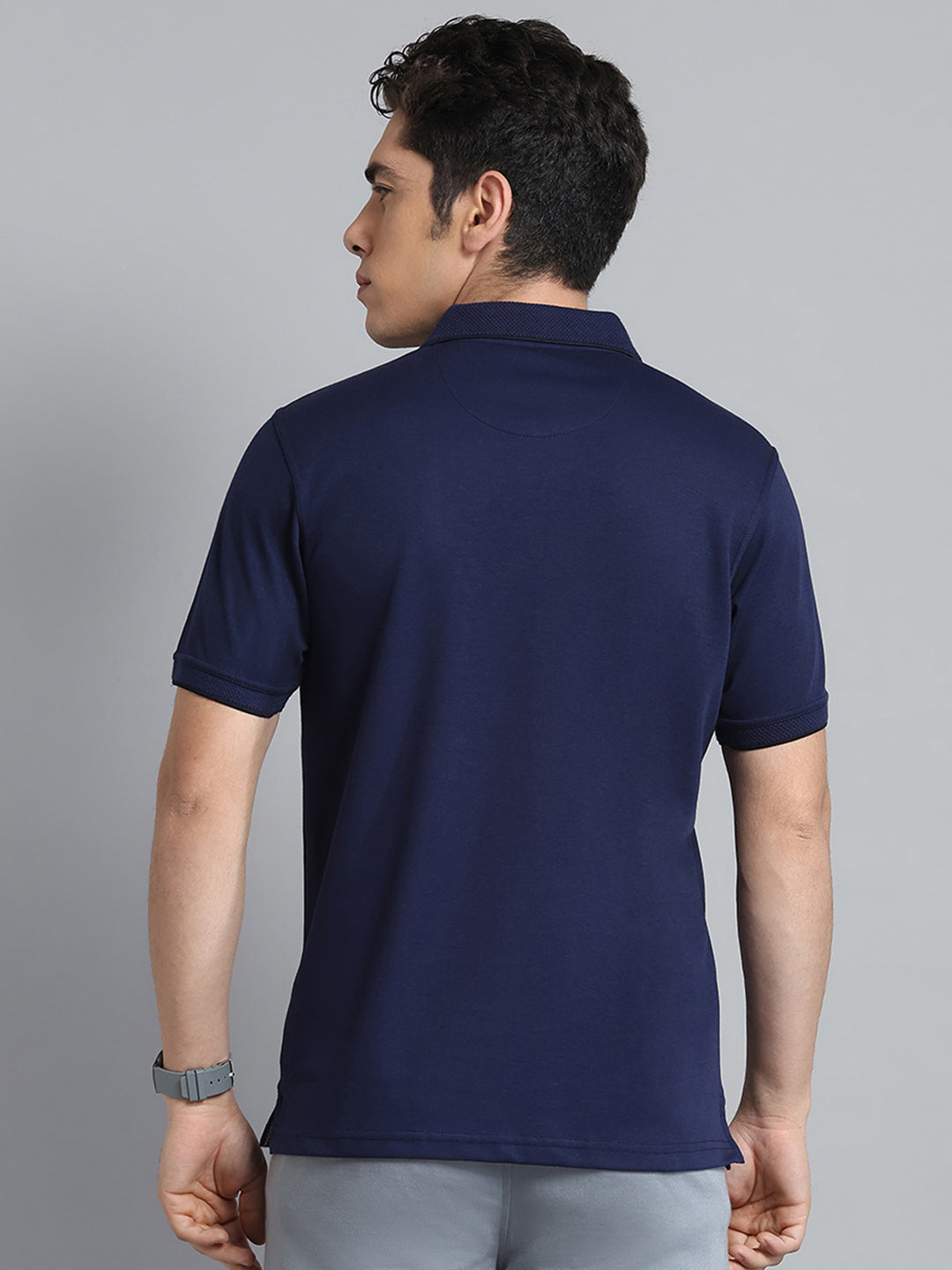 Men Navy Blue Solid Collar Half Sleeve T-Shirt