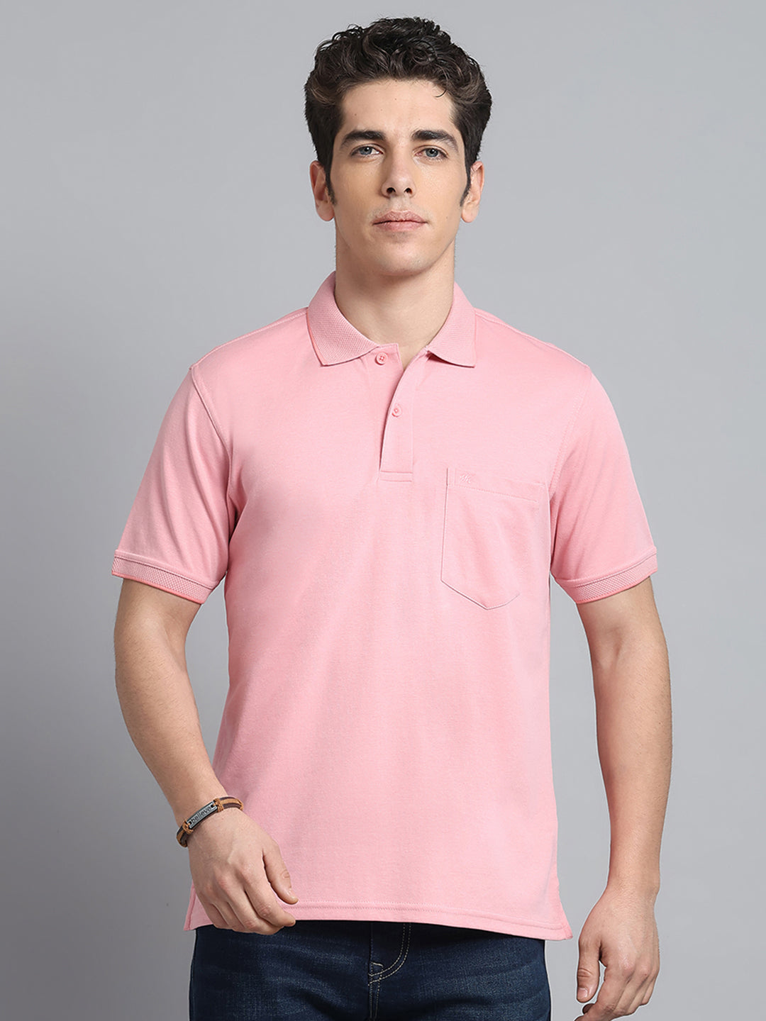 Men Pink Solid Collar Half Sleeve T-Shirt