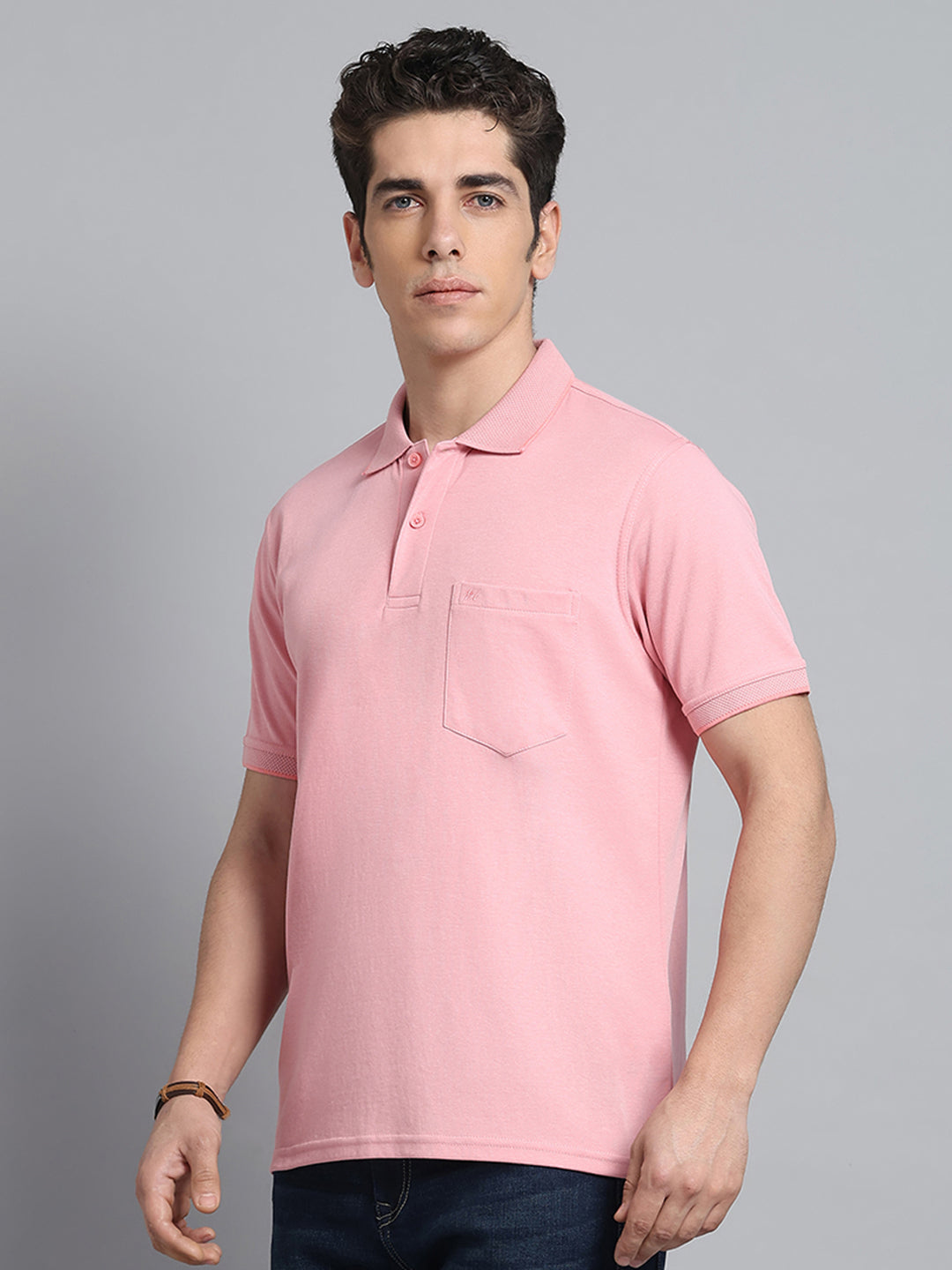 Men Pink Solid Collar Half Sleeve T-Shirt