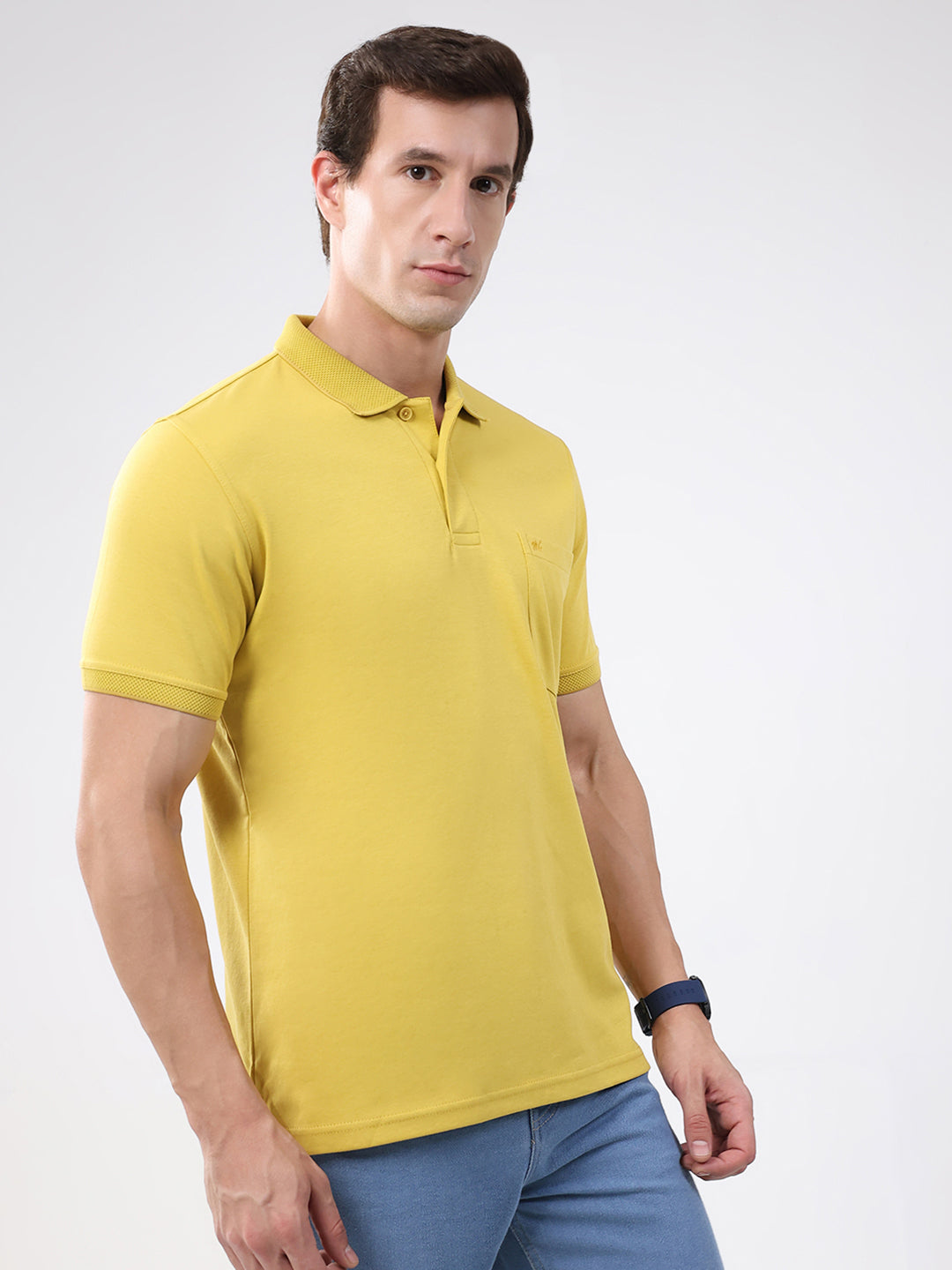 Men Mustard Solid Collar Half Sleeve T-Shirt