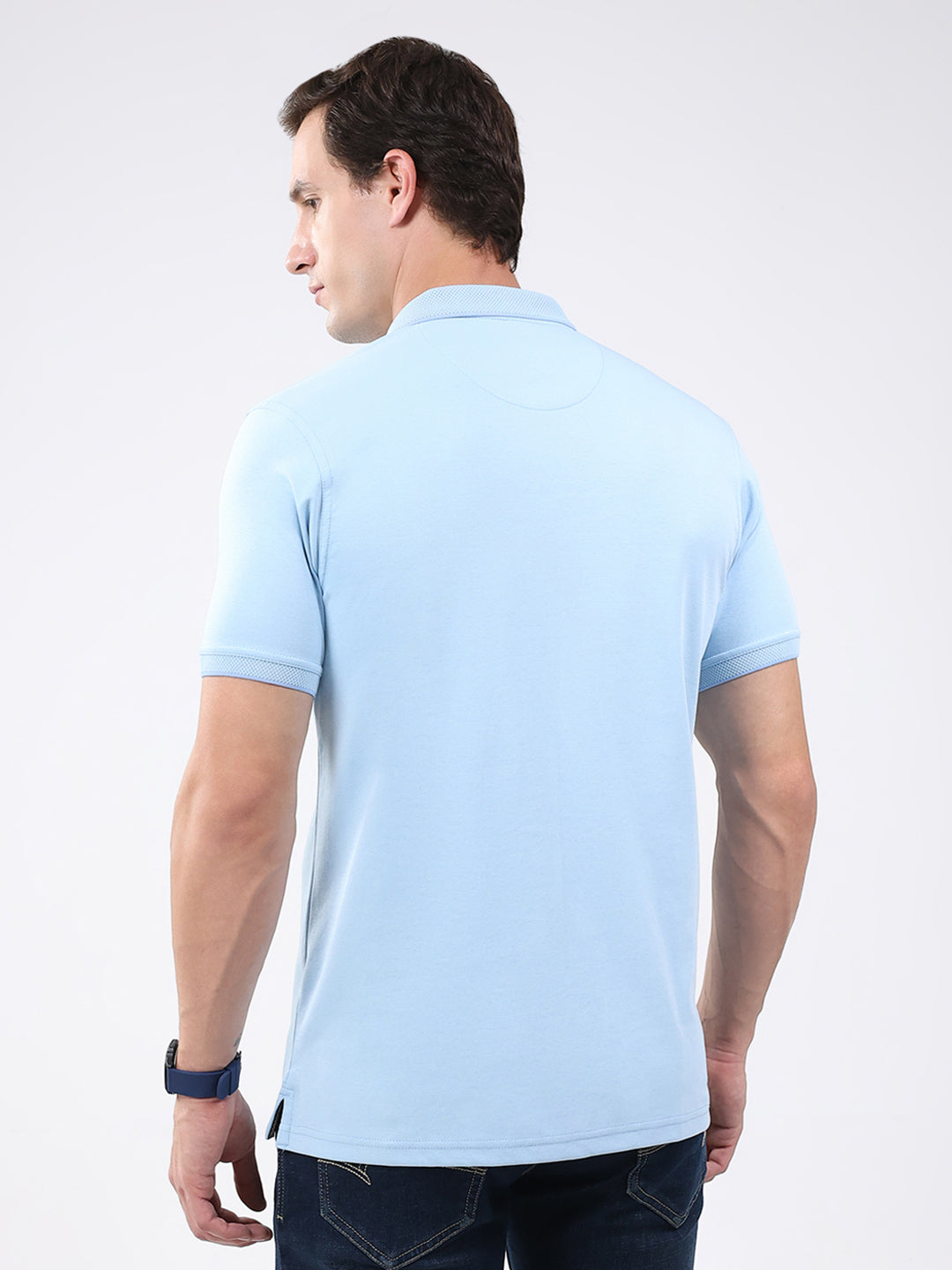 Men Sky Blue Solid Collar Half Sleeve T-Shirt