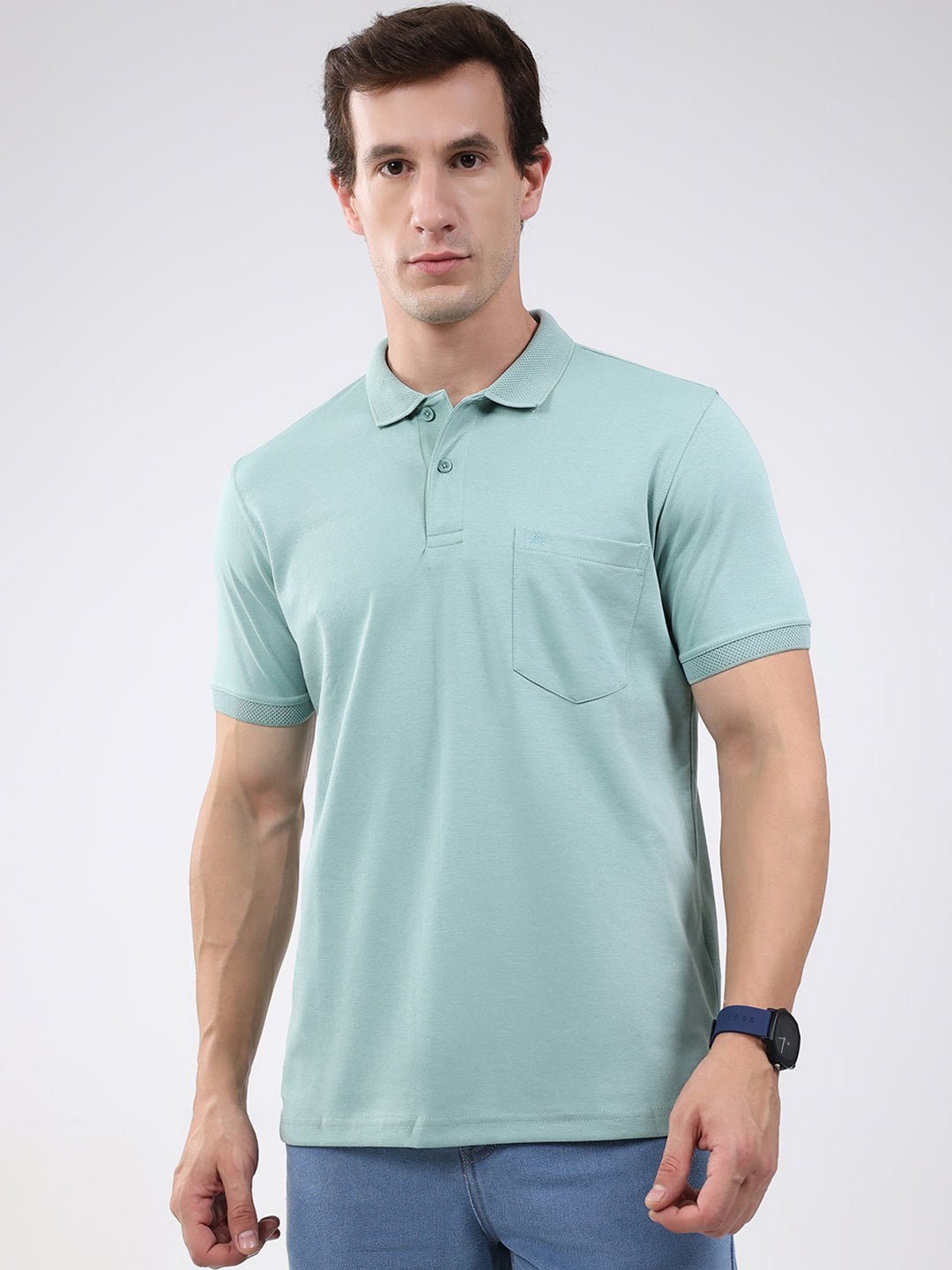 Men Sea Green Solid Collar Half Sleeve T-Shirt