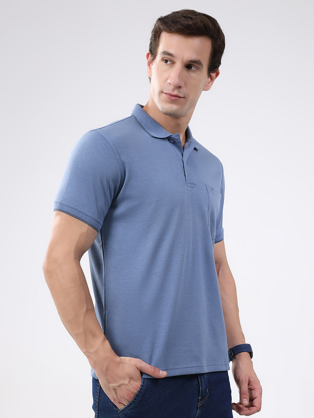 Men Blue Solid Collar Half Sleeve T-Shirt