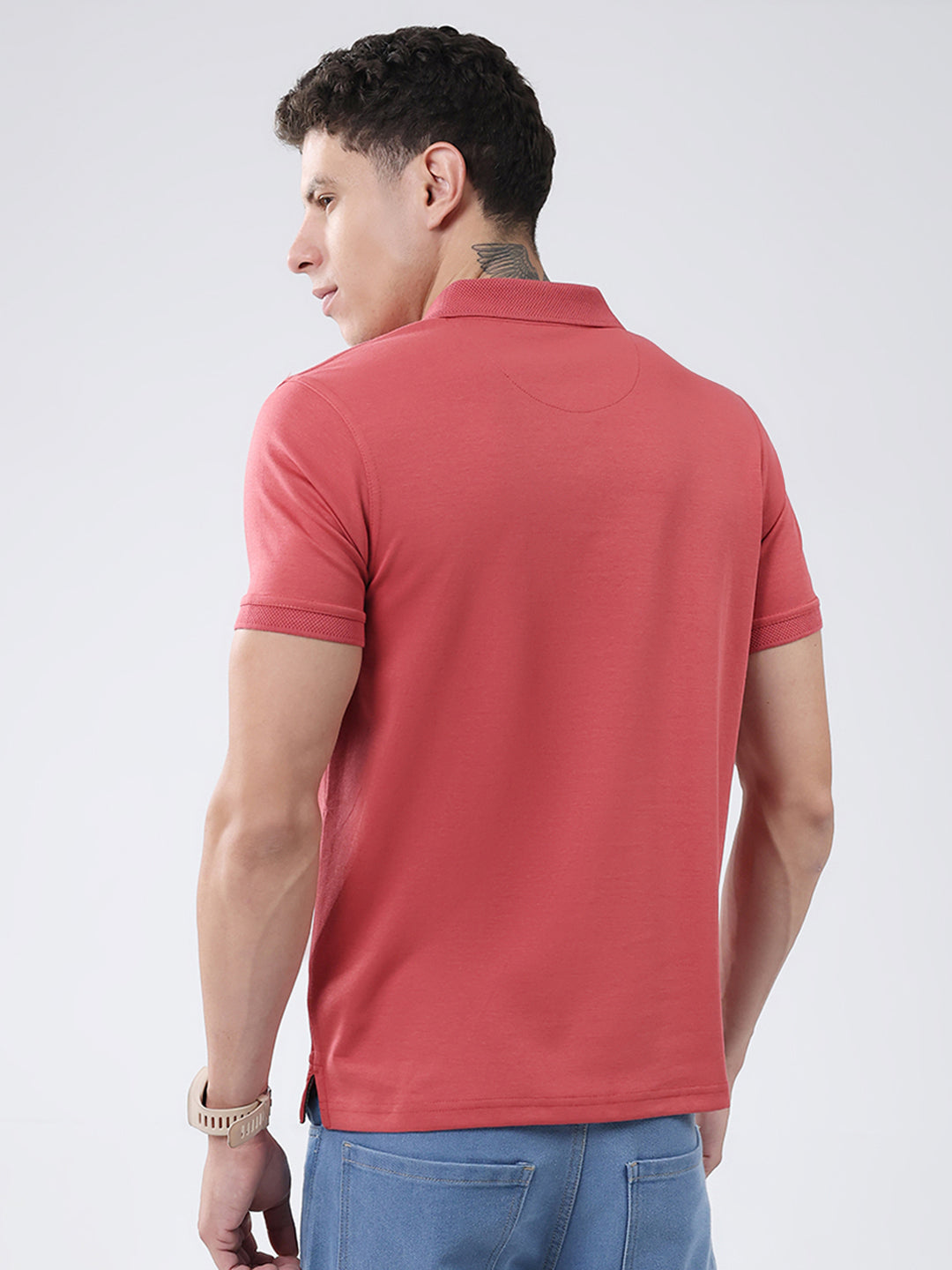Men Coral Solid Collar Half Sleeve T-Shirt
