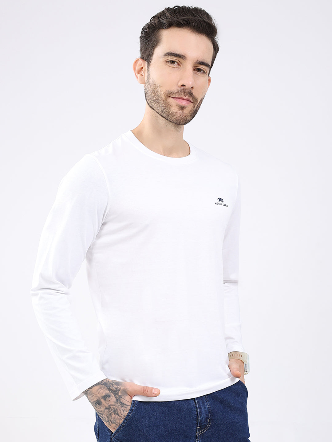 Men White & Navy Blue Solid Round Neck Full Sleeve T-Shirt (Pack of 2)