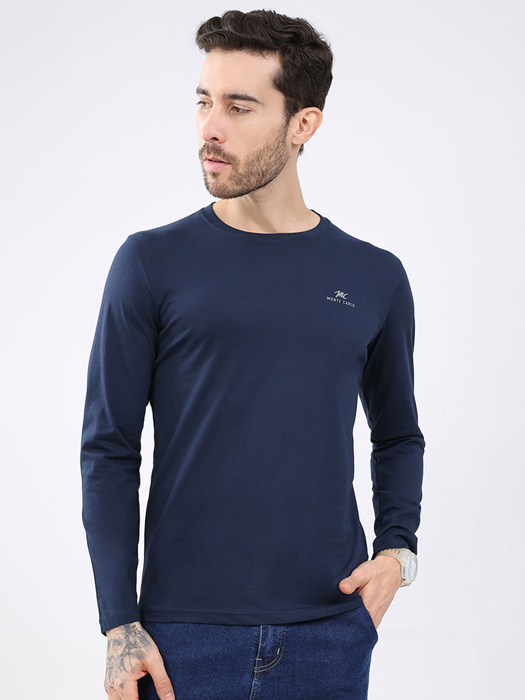 Men White & Navy Blue Solid Round Neck Full Sleeve T-Shirt (Pack of 2)