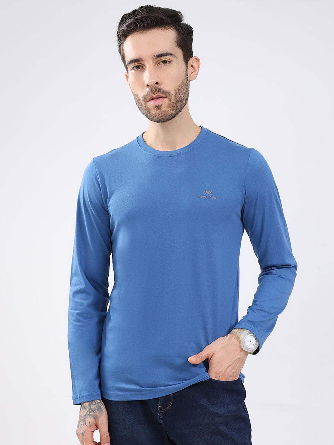 Men Blue & Red Solid Round Neck Full Sleeve T-Shirt (Pack of 2)