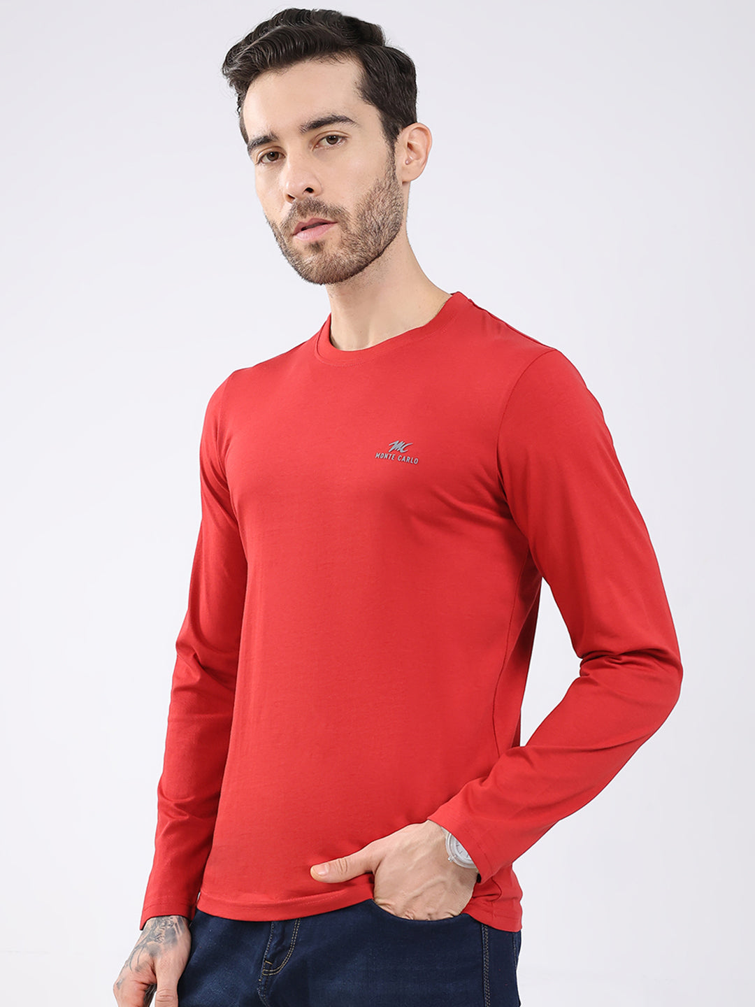 Men Blue & Red Solid Round Neck Full Sleeve T-Shirt (Pack of 2)