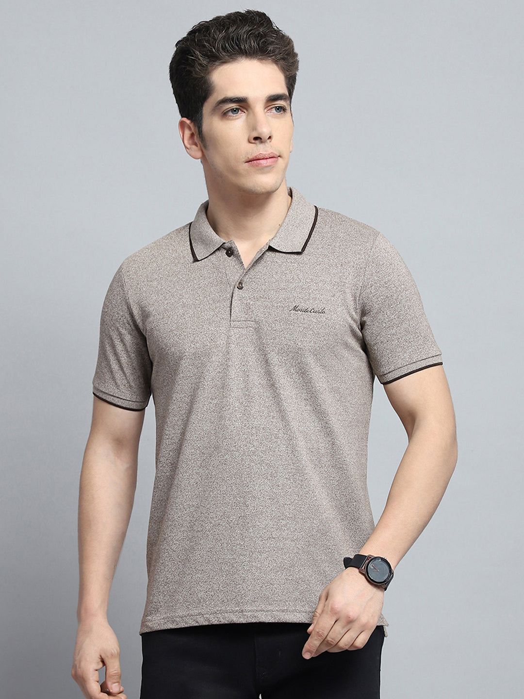 Men Grey Solid Collar Half Sleeve T-Shirt