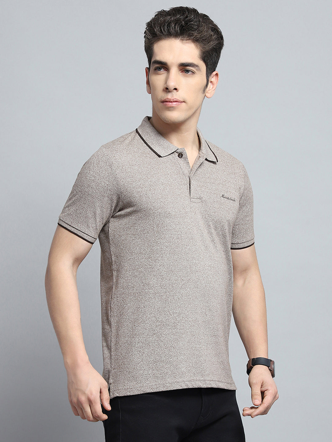 Men Grey Solid Collar Half Sleeve T-Shirt