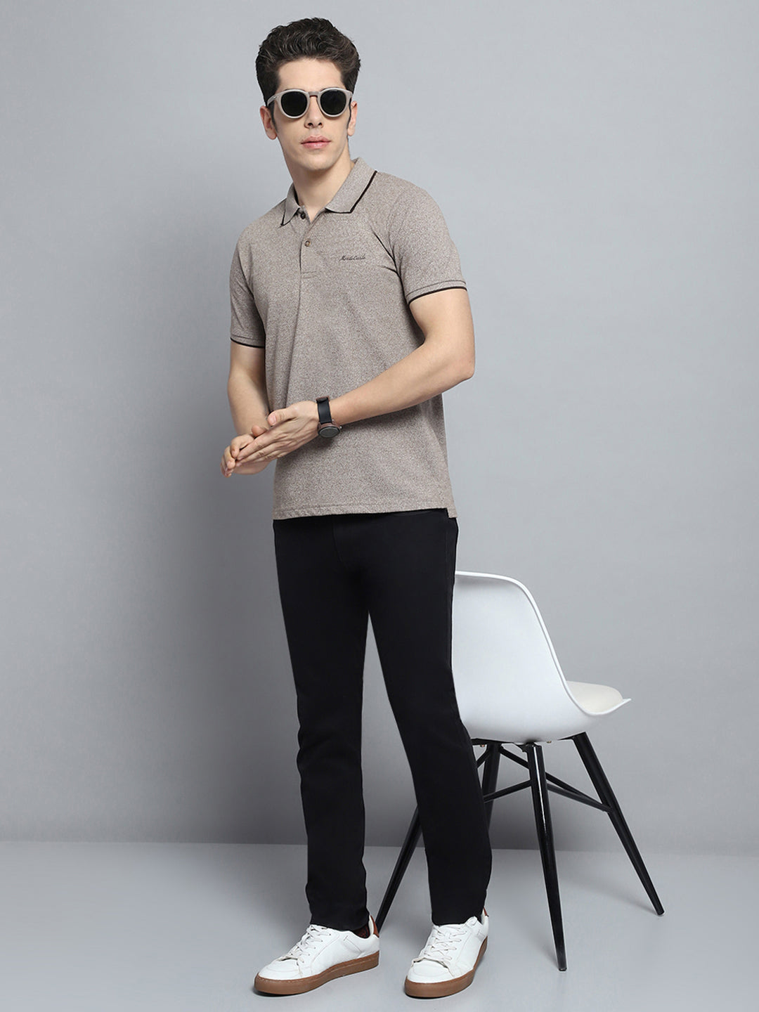 Men Grey Solid Collar Half Sleeve T-Shirt