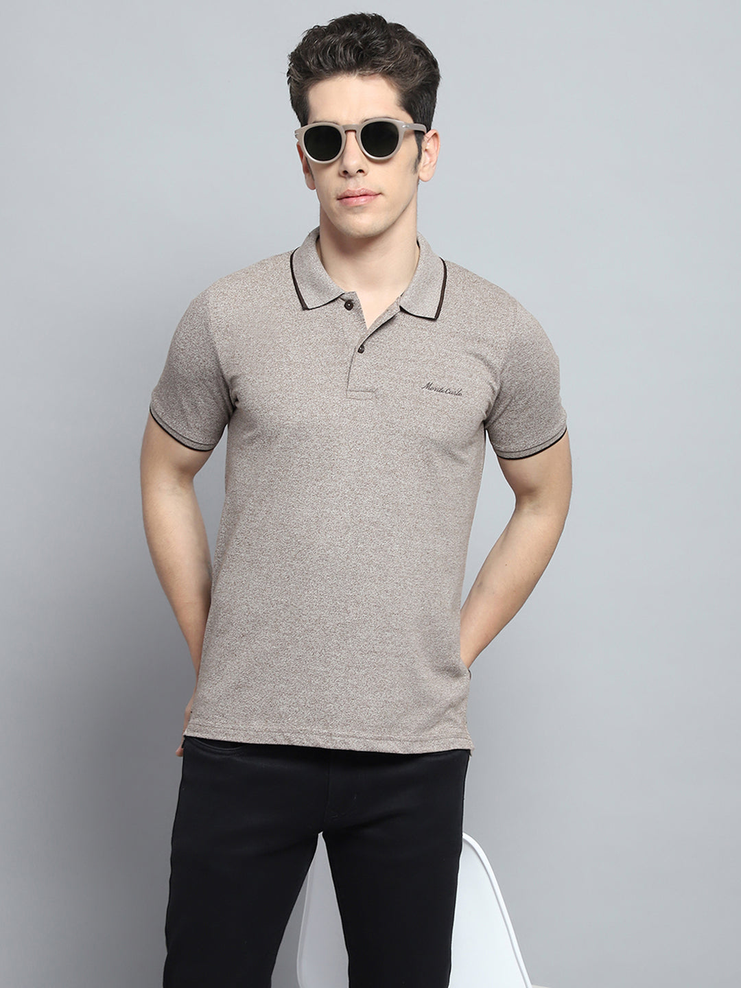 Men Grey Solid Collar Half Sleeve T-Shirt