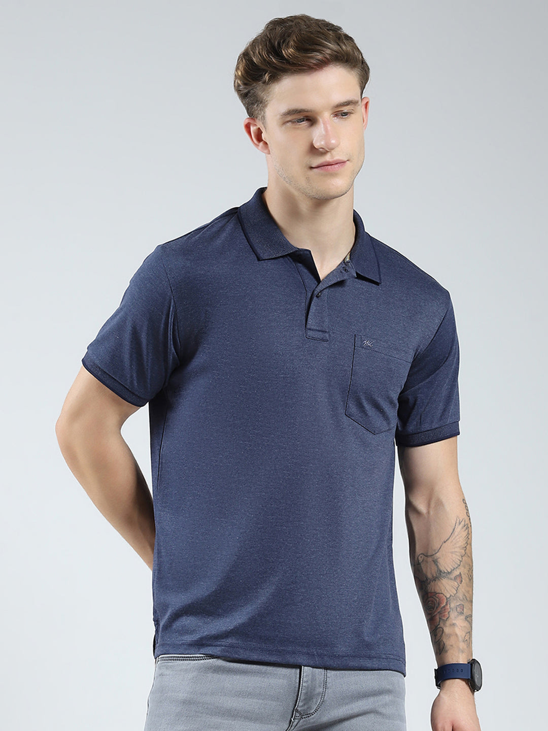 Men Navy Blue Solid Collar Half Sleeve T-Shirt