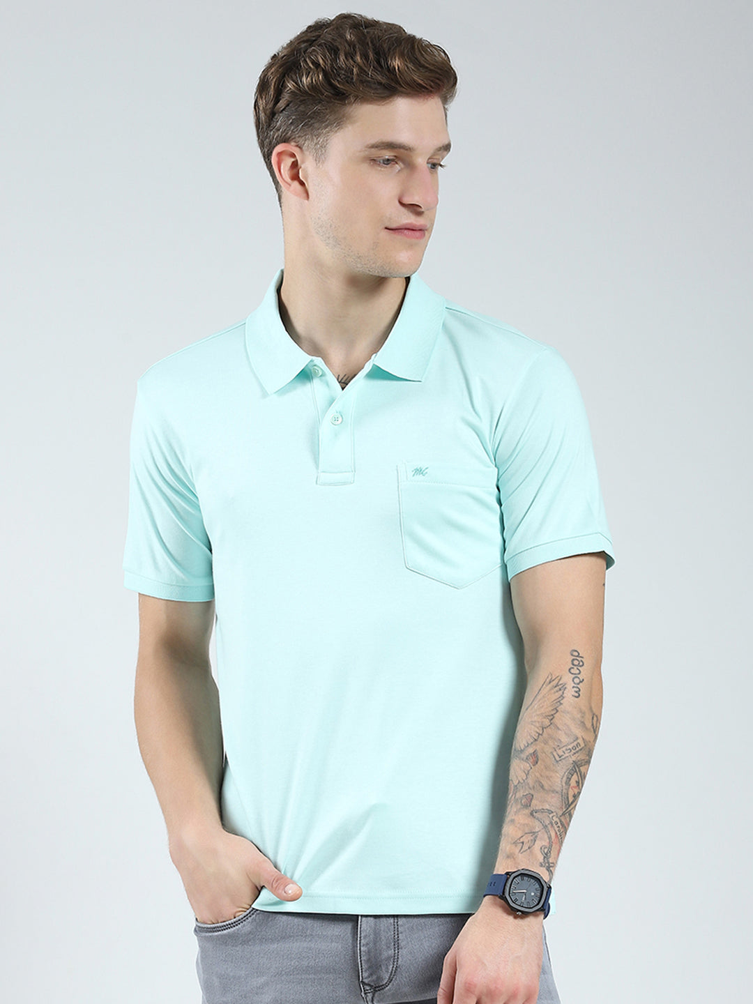 Men Blue Solid Collar Half Sleeve T-Shirt
