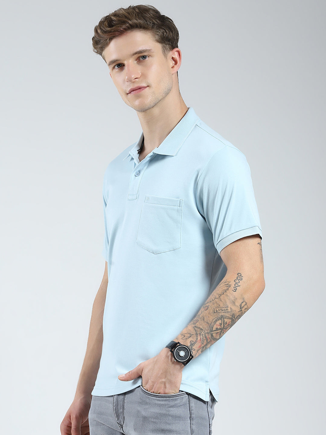 Men Blue Solid Collar Half Sleeve T-Shirt