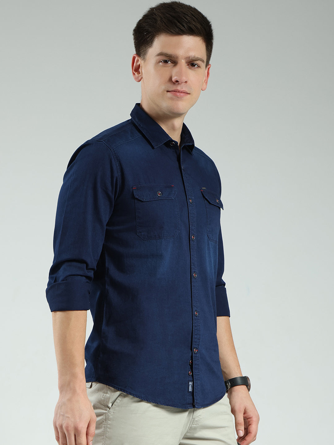 Men Blue Solid Collar Full Sleeve Shirt