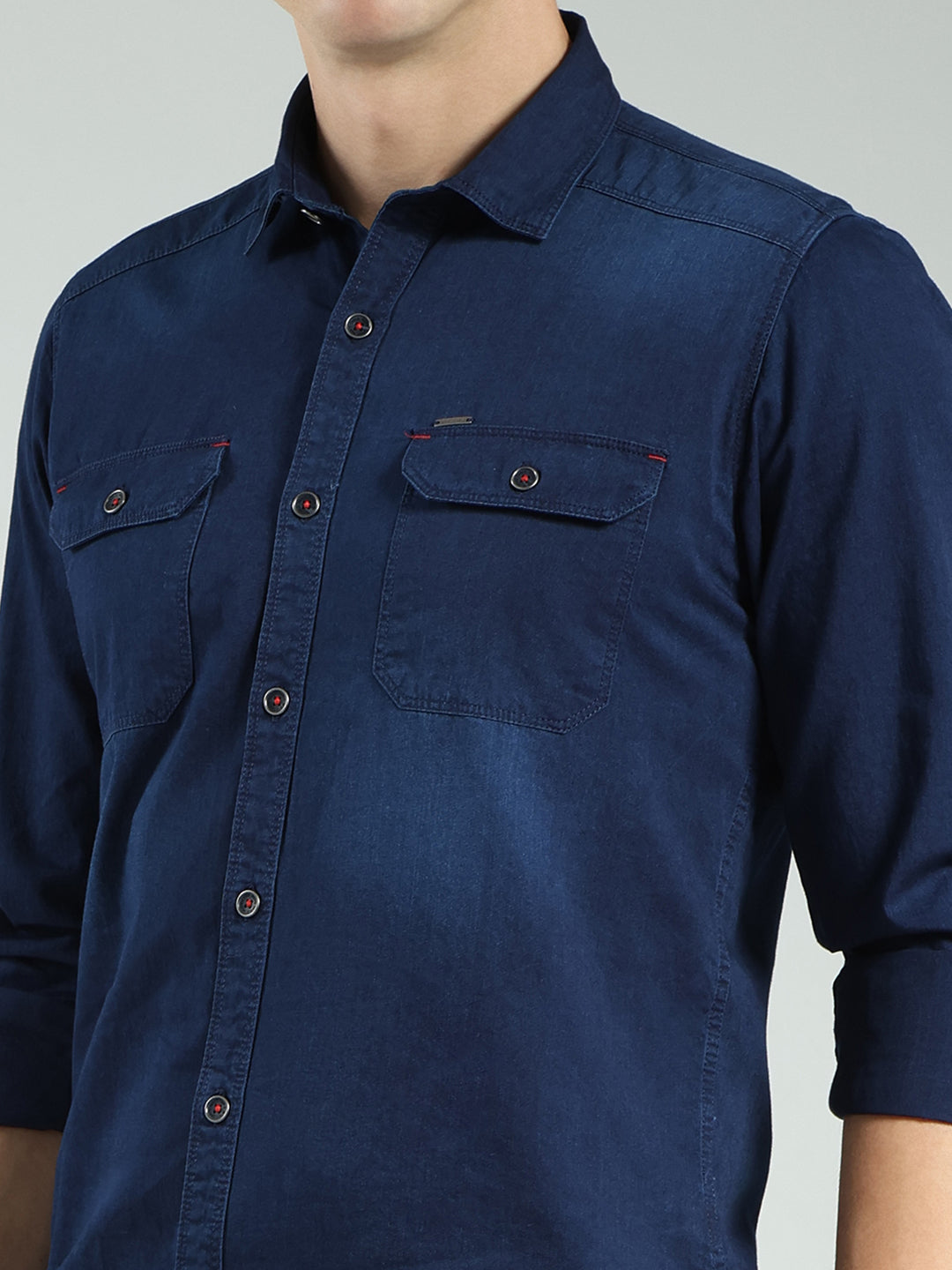 Men Blue Solid Collar Full Sleeve Shirt