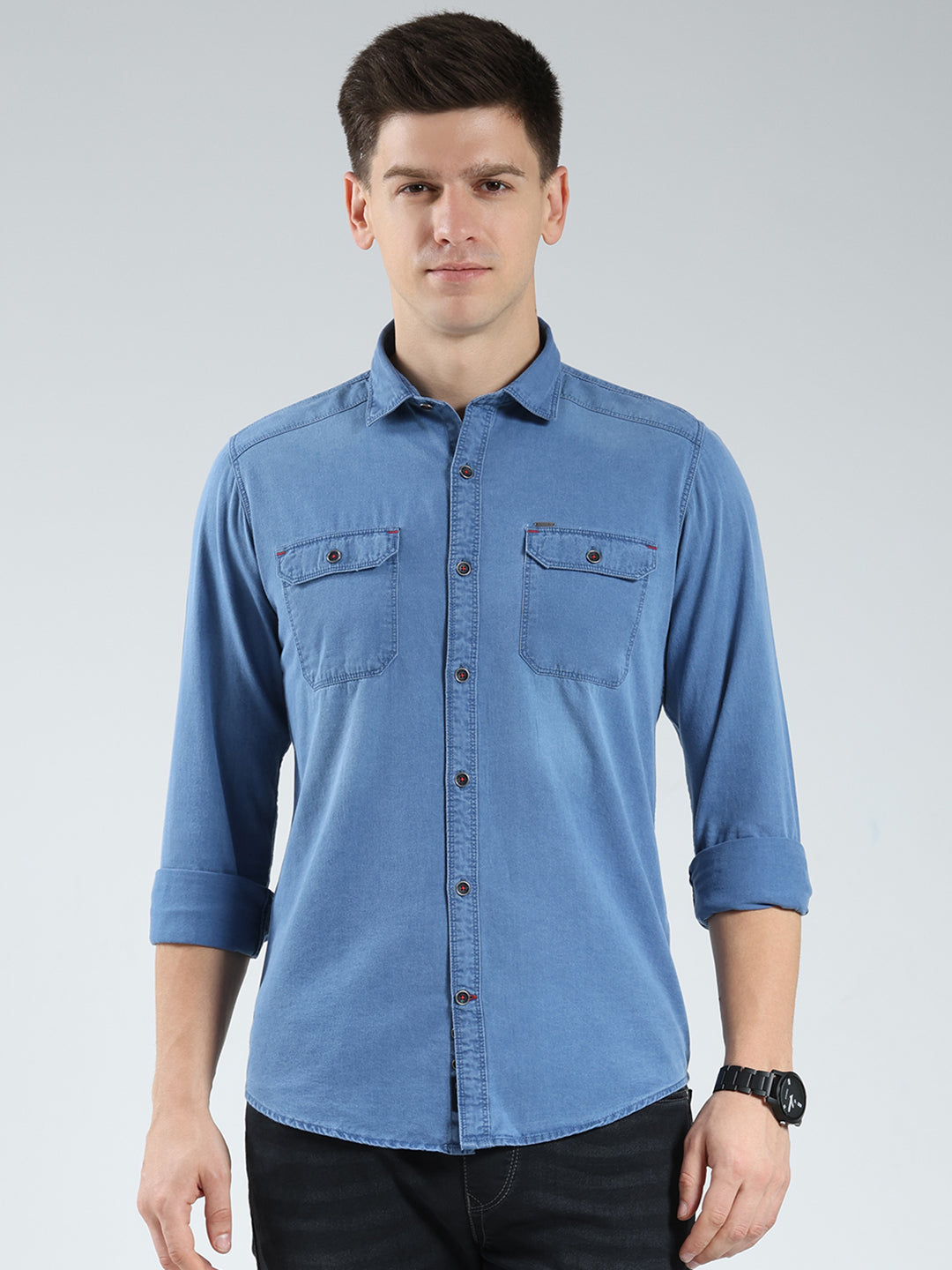 Men Blue Solid Collar Full Sleeve Shirt