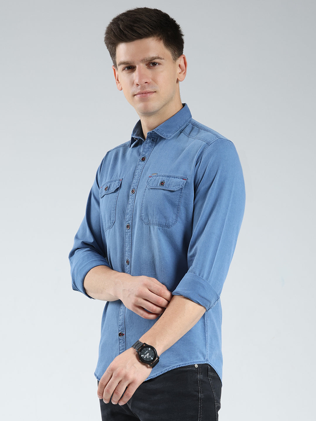 Men Blue Solid Collar Full Sleeve Shirt