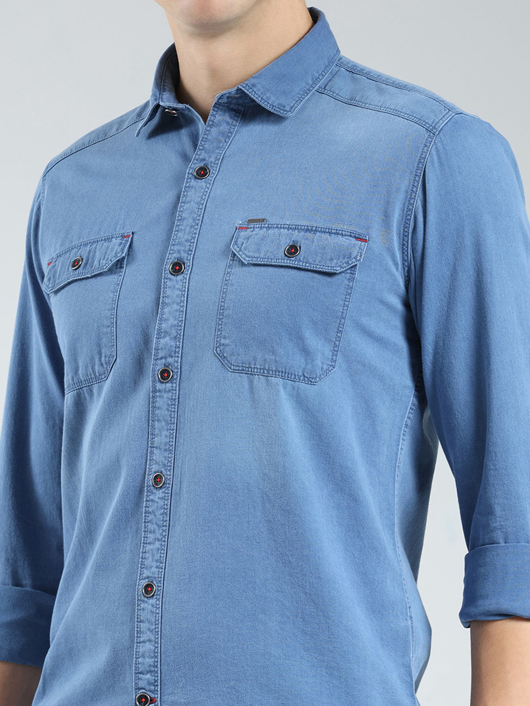 Men Blue Solid Collar Full Sleeve Shirt