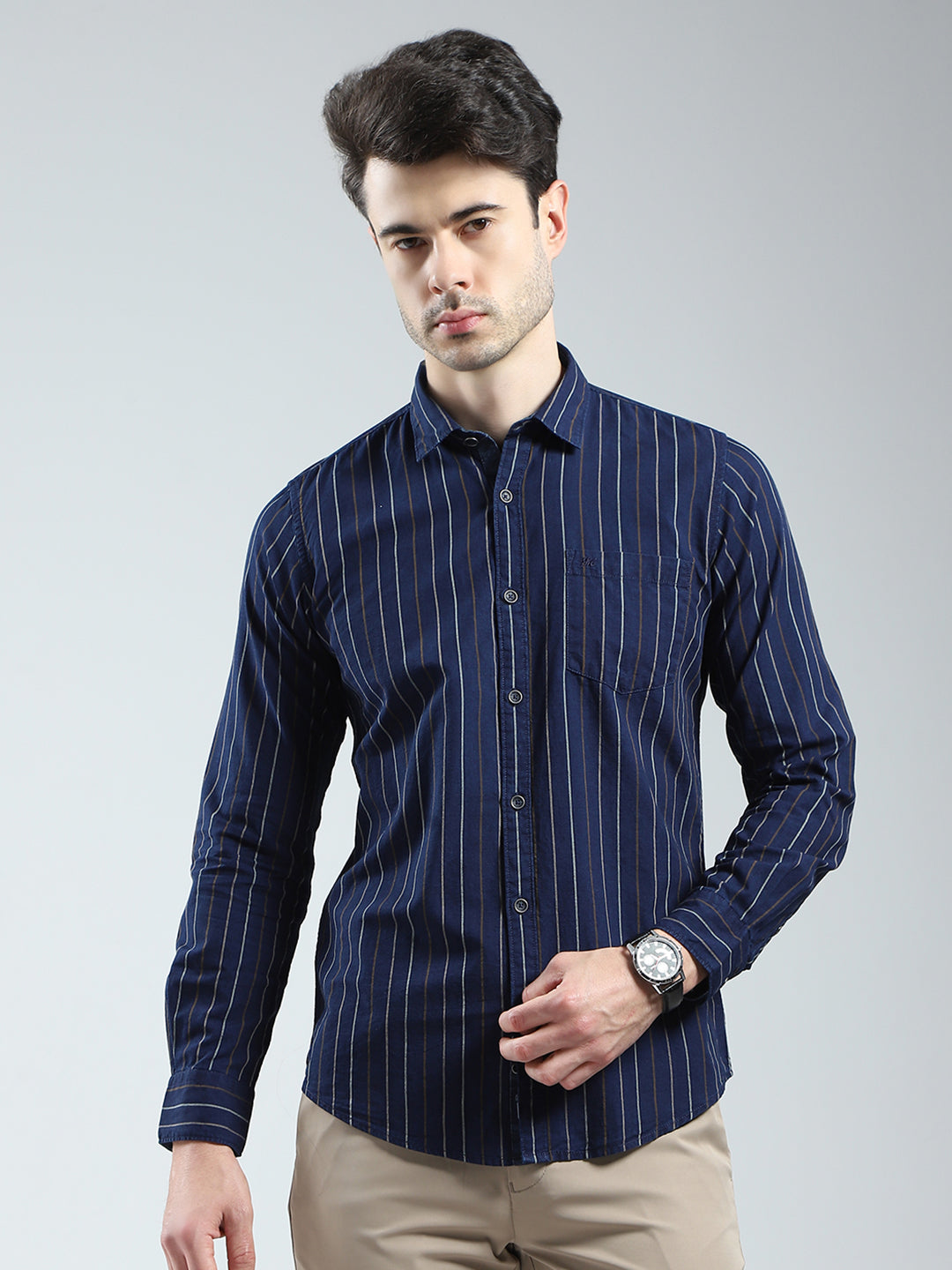 Men Navy Blue Stripe Collar Full Sleeve Shirt