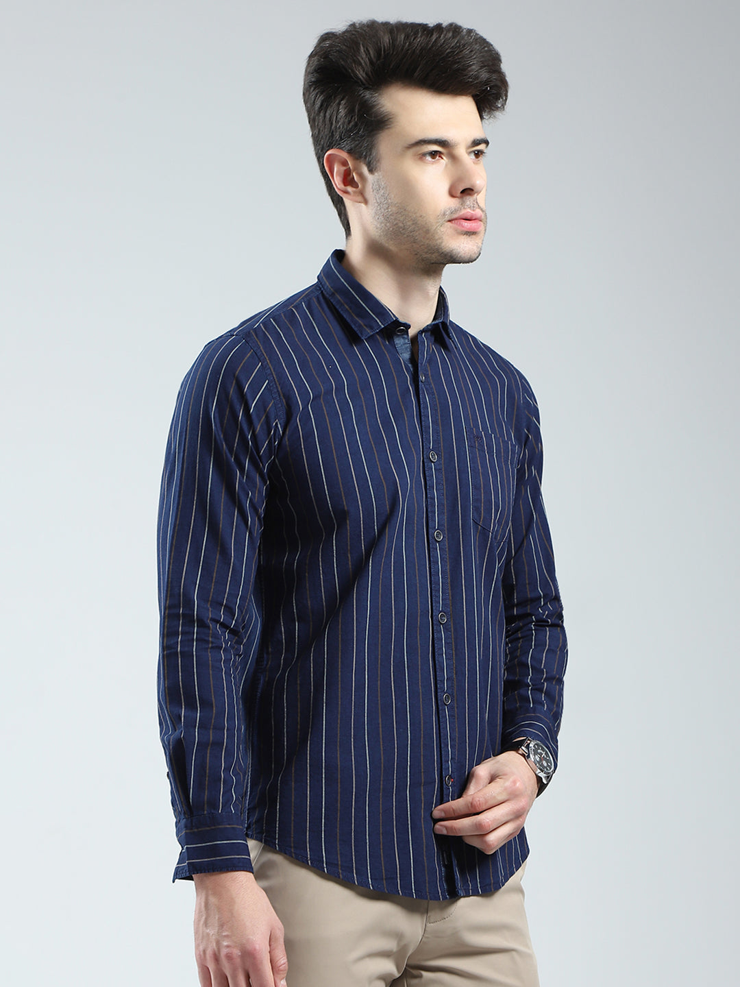 Men Navy Blue Stripe Collar Full Sleeve Shirt