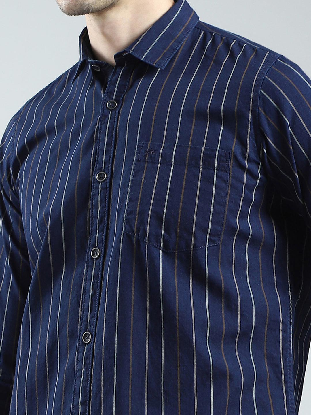 Men Navy Blue Stripe Collar Full Sleeve Shirt
