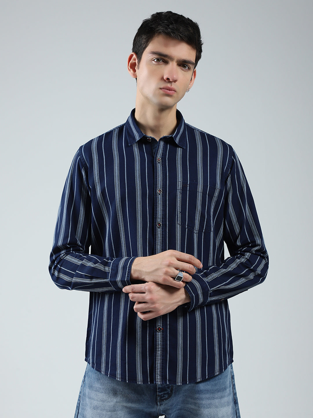 Men Navy Blue Stripe Collar Full Sleeve Shirt