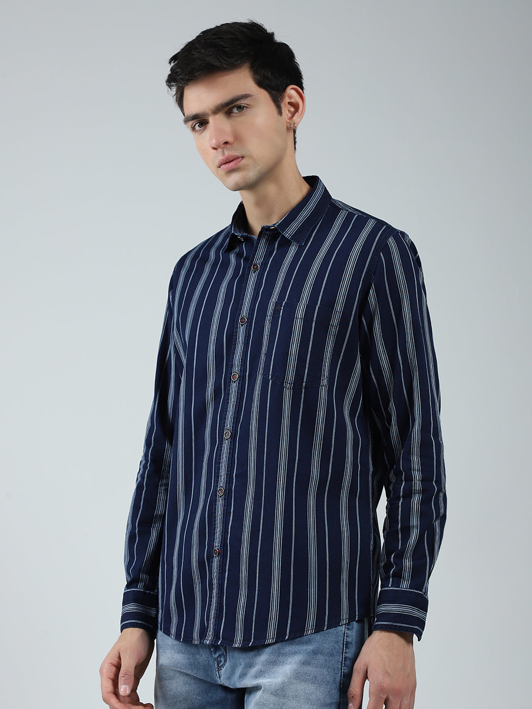 Men Navy Blue Stripe Collar Full Sleeve Shirt