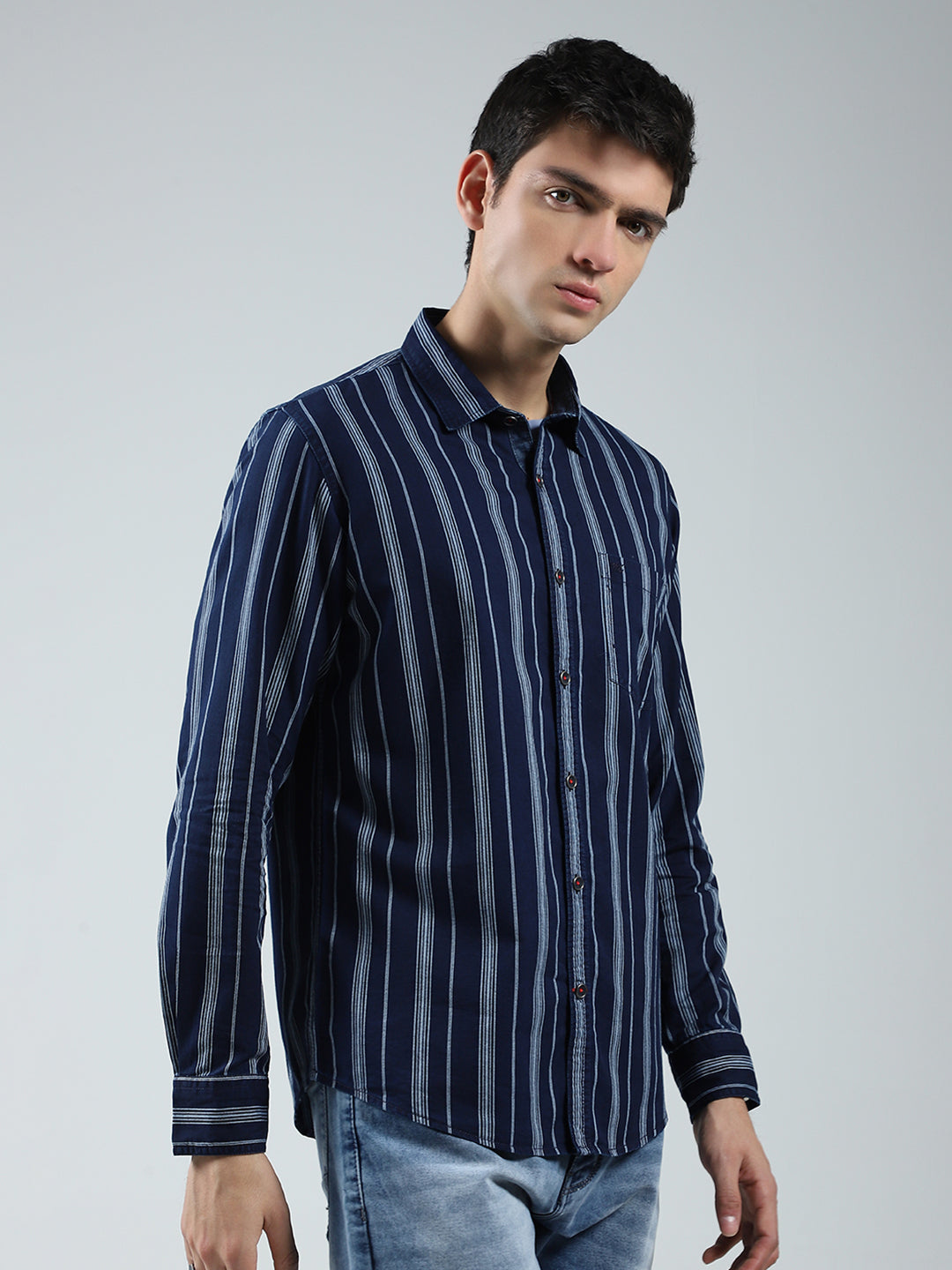 Men Navy Blue Stripe Collar Full Sleeve Shirt